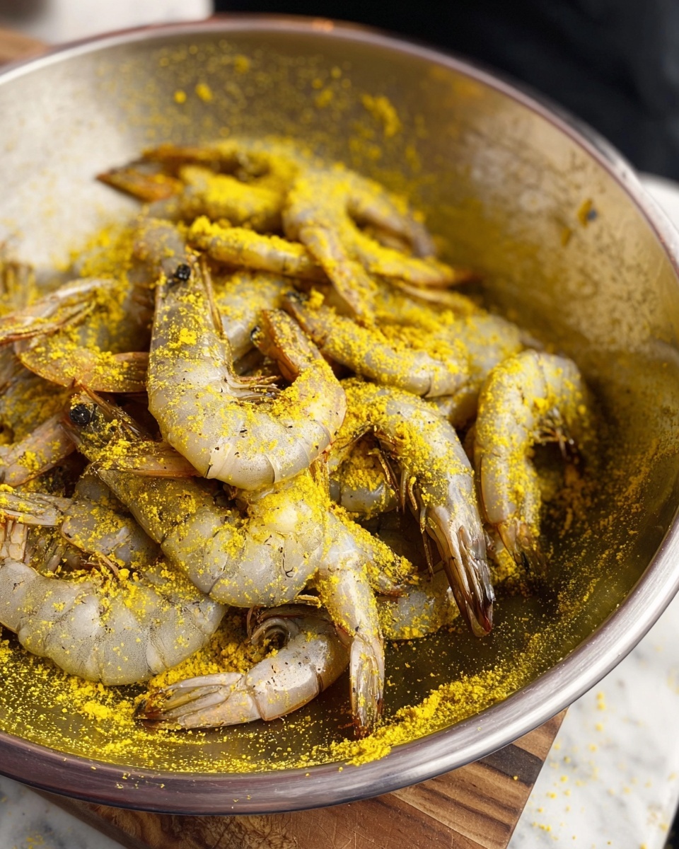 Butter Lemon Pepper Shrimp Recipe 4 A metal bowl filled with many raw shrimp, light gray in color with some darker edges and tails, all sprinkled evenly with bright yellow seasoning powder and small black pepper spots. The shrimp are spread out in one layer at the bottom of the bowl. The background shows a blurred dark outfit and a wooden cutting board below the bowl, replaced with a white marbled surface. Photo taken with an iphone --ar 4:5 --v 7