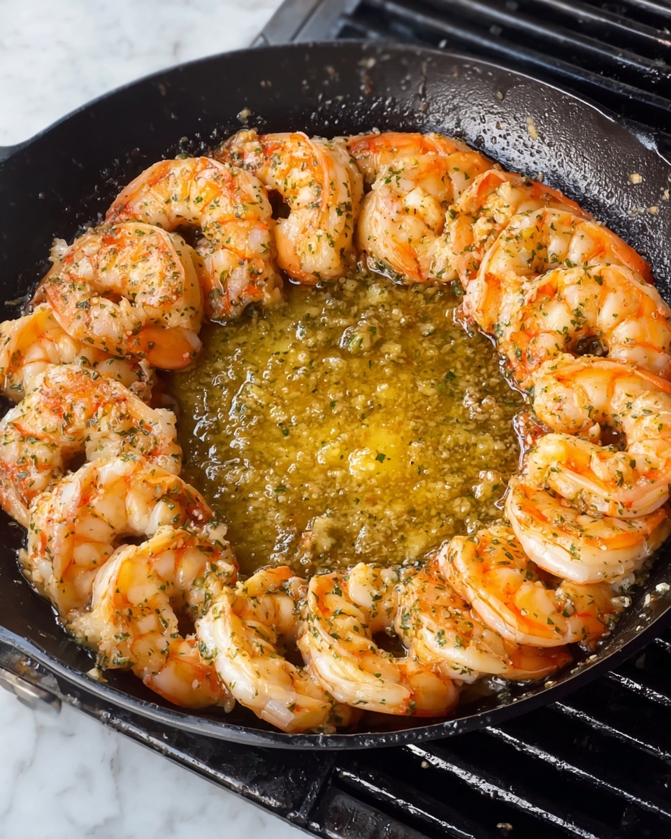 Butter Lemon Pepper Shrimp Recipe 5 A black pan is filled with a single layer of cooked shrimp arranged in a circle around the edge, each shrimp is pinkish-orange with some herb seasoning visible on them. Inside the shrimp ring is melted golden butter mixed with herbs, creating a shiny, oily pool in the center. The pan sits on a grill surface, all on a white marbled texture background. photo taken with an iphone --ar 4:5 --v 7