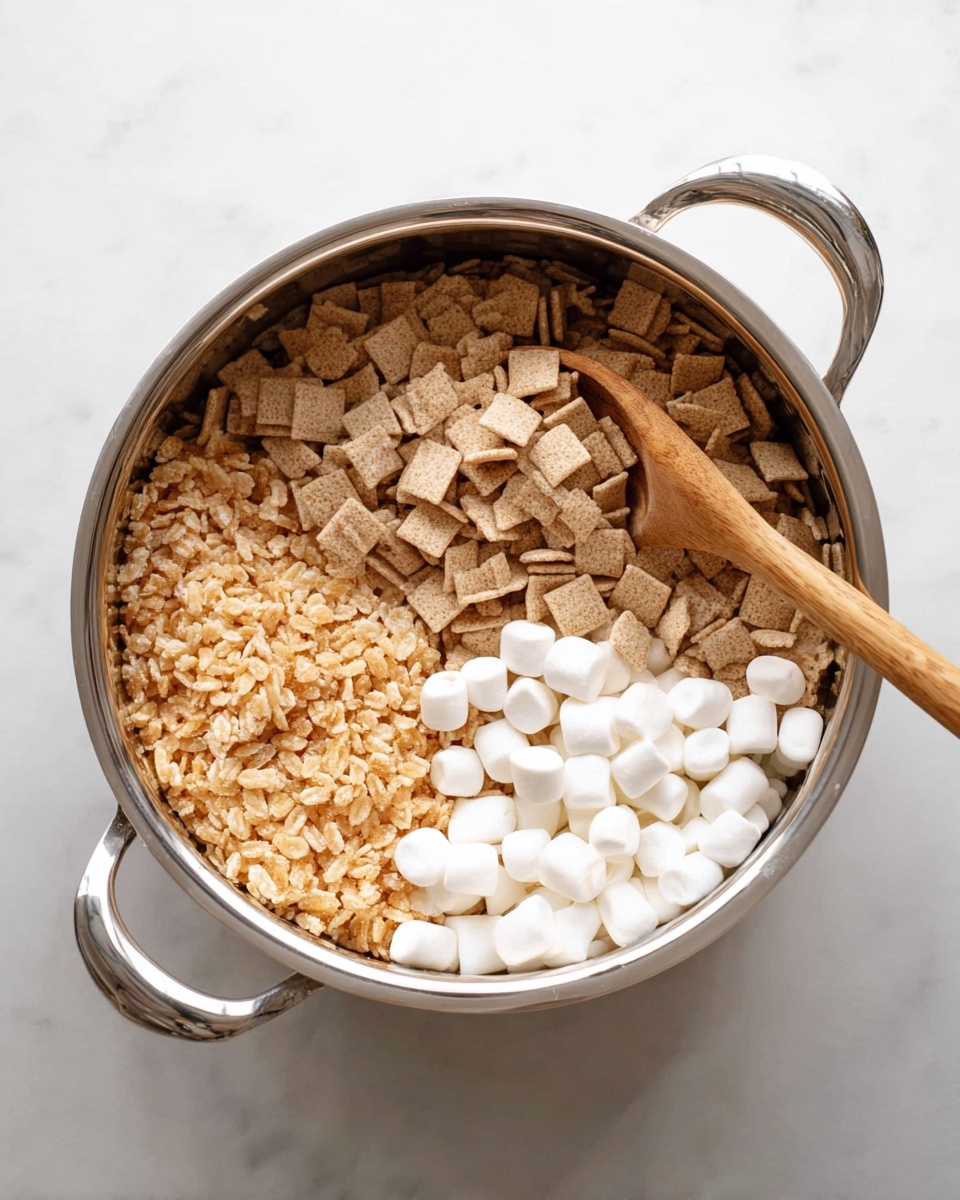 A shiny silver pot sits on a white marbled surface, filled with three main layers of ingredients. On the left side, there is a golden tan layer of puffed rice cereal with a light texture. On the top right, a cluster of square, light brown cereal pieces with a woven texture fills the space. The bottom right is covered by a group of small, smooth white marshmallows. A wooden spoon rests inside the pot with the handle extending out, touching the marshmallows, ready to mix the ingredients. photo taken with an iphone --ar 4:5 --v 7