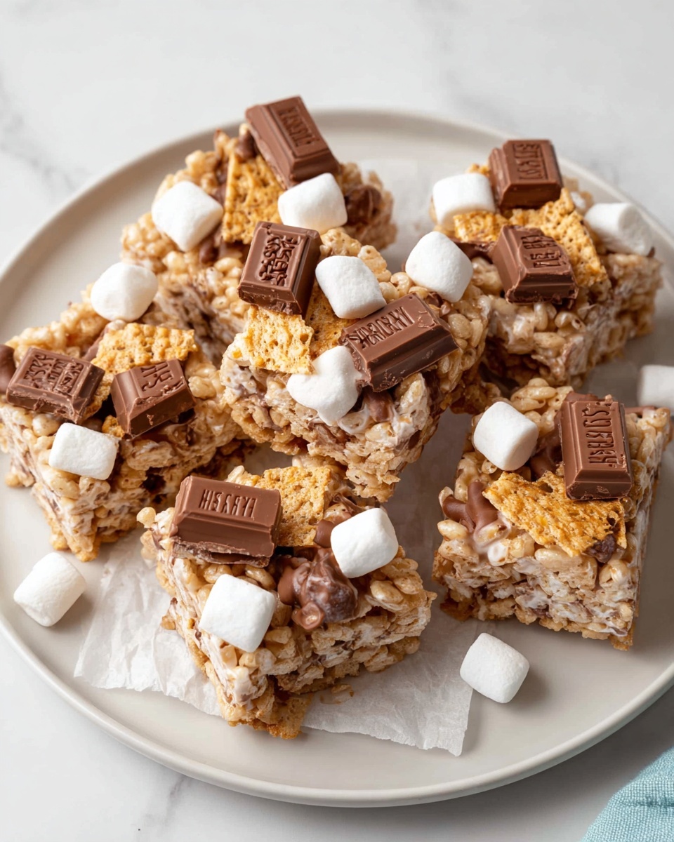 This image shows seven square pieces of a treat arranged on white parchment paper over a white plate. Each piece has a main layer of light beige puffed rice cereal held together by a glossy, sticky white layer that looks soft. Mixed into this main layer are chunks of toasted golden brown crackers. On top of the cereal layer, there are melted milk chocolate pieces with a smooth texture, some showing the Hershey’s logo. Scattered small white marshmallows add a soft, pillowy contrast to the crispy cereal and gooey chocolate. The plate sits on a white marbled surface that looks clean and bright. Photo taken with an iphone --ar 4:5 --v 7