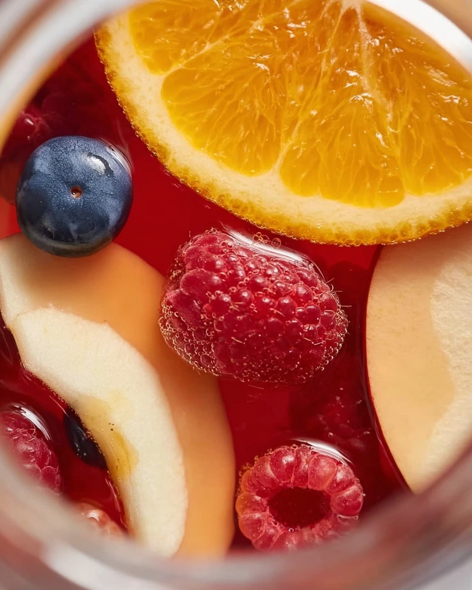 This image shows a close-up view inside a jar filled with fruit slices and berries in liquid. The top layer contains a thin orange slice with its textured, bright orange peel and translucent segments. Below and next to the orange slice are bright red raspberries with a bumpy texture, one smooth dark blue blueberry, and a thin, curved white apple slice with a smooth surface. The fruits rest in a light reddish liquid that softly reflects light. The background is a white marbled texture, enhancing the freshness and colors of the fruit. photo taken with an iphone --ar 4:5 --v 7