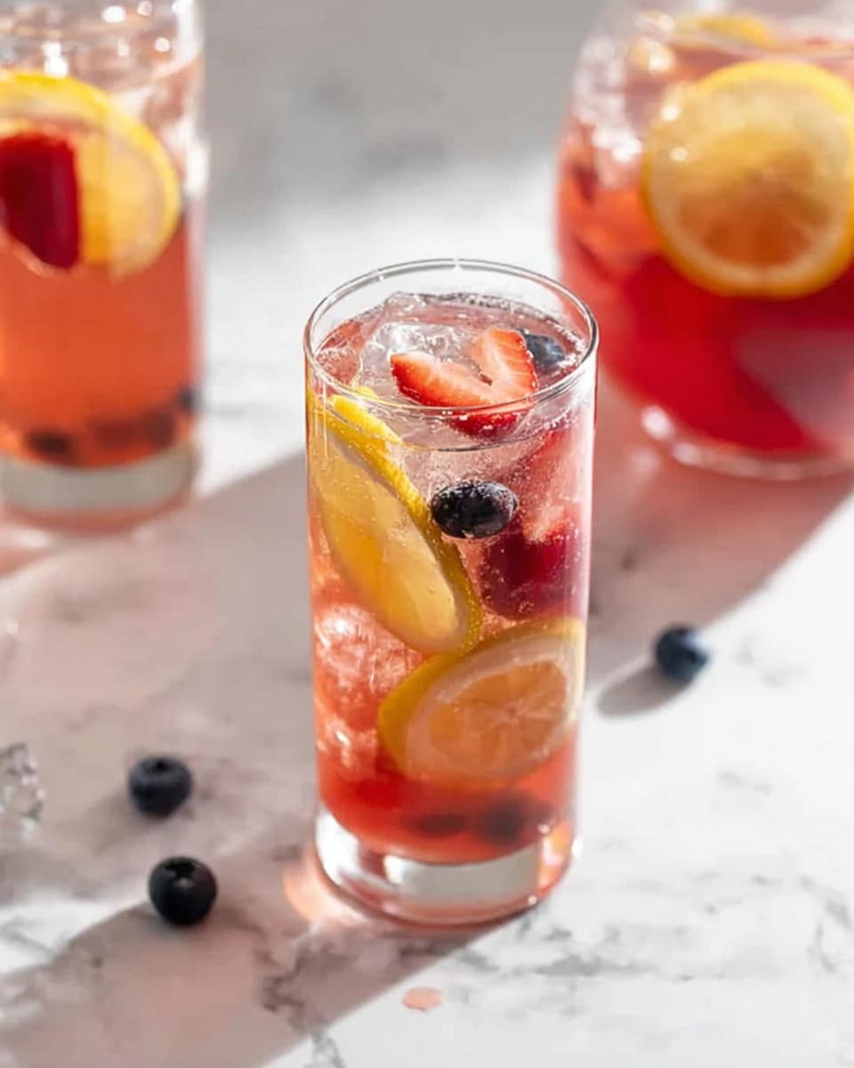 The image shows a tall, clear glass filled with a pinkish-red drink at the bottom, topped with ice cubes and floating fruit slices including a yellow lemon slice, a red strawberry, and some small dark blueberries. Another glass with a similar drink and fruit is seen slightly out of focus in the background along with a clear pitcher filled with the same beverage. The glasses are placed on a white marbled surface, and a few blueberries are scattered around the base of the glass. The overall lighting is bright and natural, highlighting the colors and textures of the fruit and drink. photo taken with an iphone --ar 4:5 --v 7