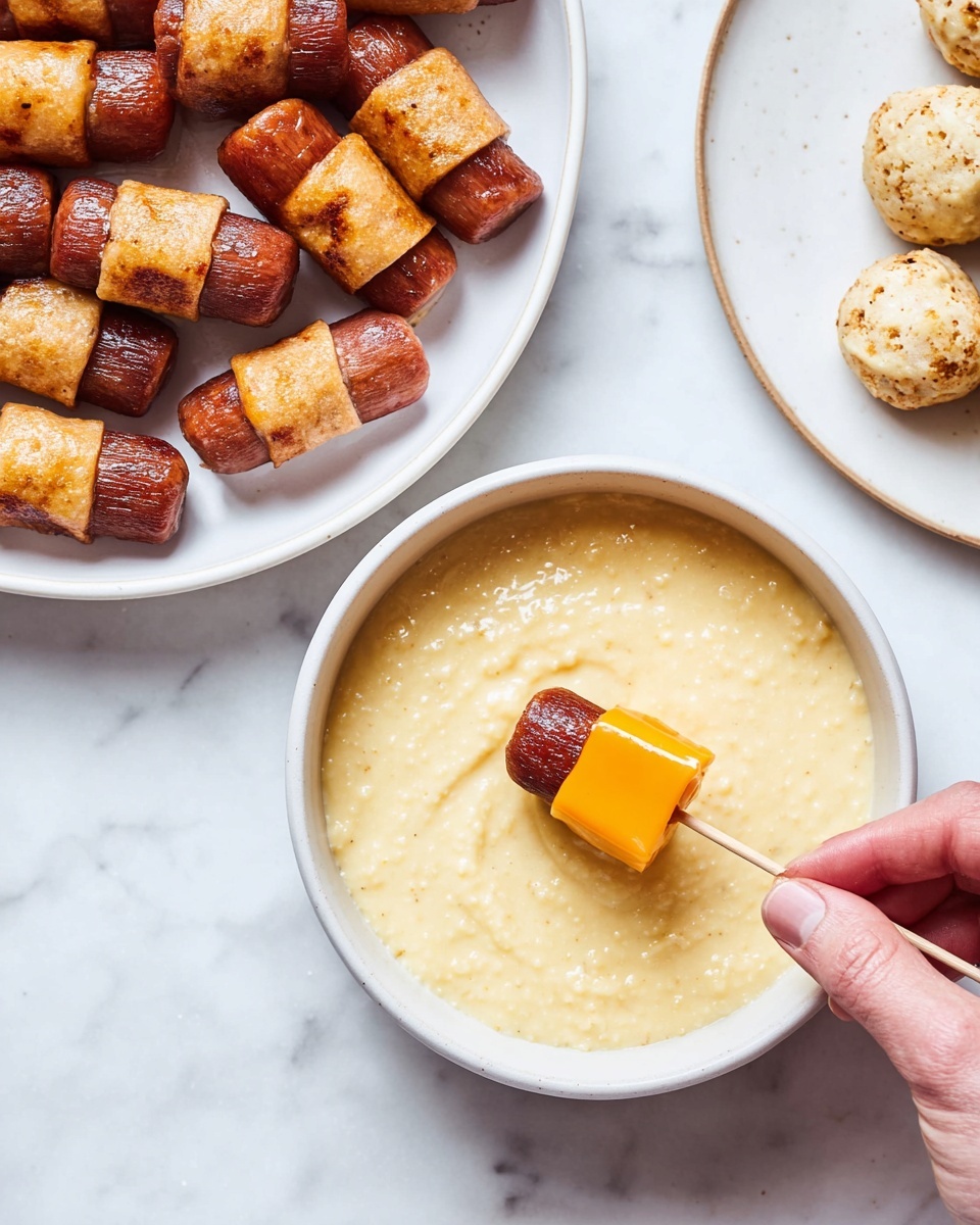A close-up image shows a woman's hand dipping a small snack made of two browned sausage halves with a bright orange rectangular cheese block between them, held together by a toothpick, into a white bowl filled with a thick, pale yellow batter with a slightly grainy texture. To the left, a white plate holds more of these sausages and cheese snacks stacked closely together. To the right, part of another white plate displays three small round pieces covered in a similar pale yellow coating. The background is a white marbled surface. photo taken with an iphone --ar 4:5 --v 7