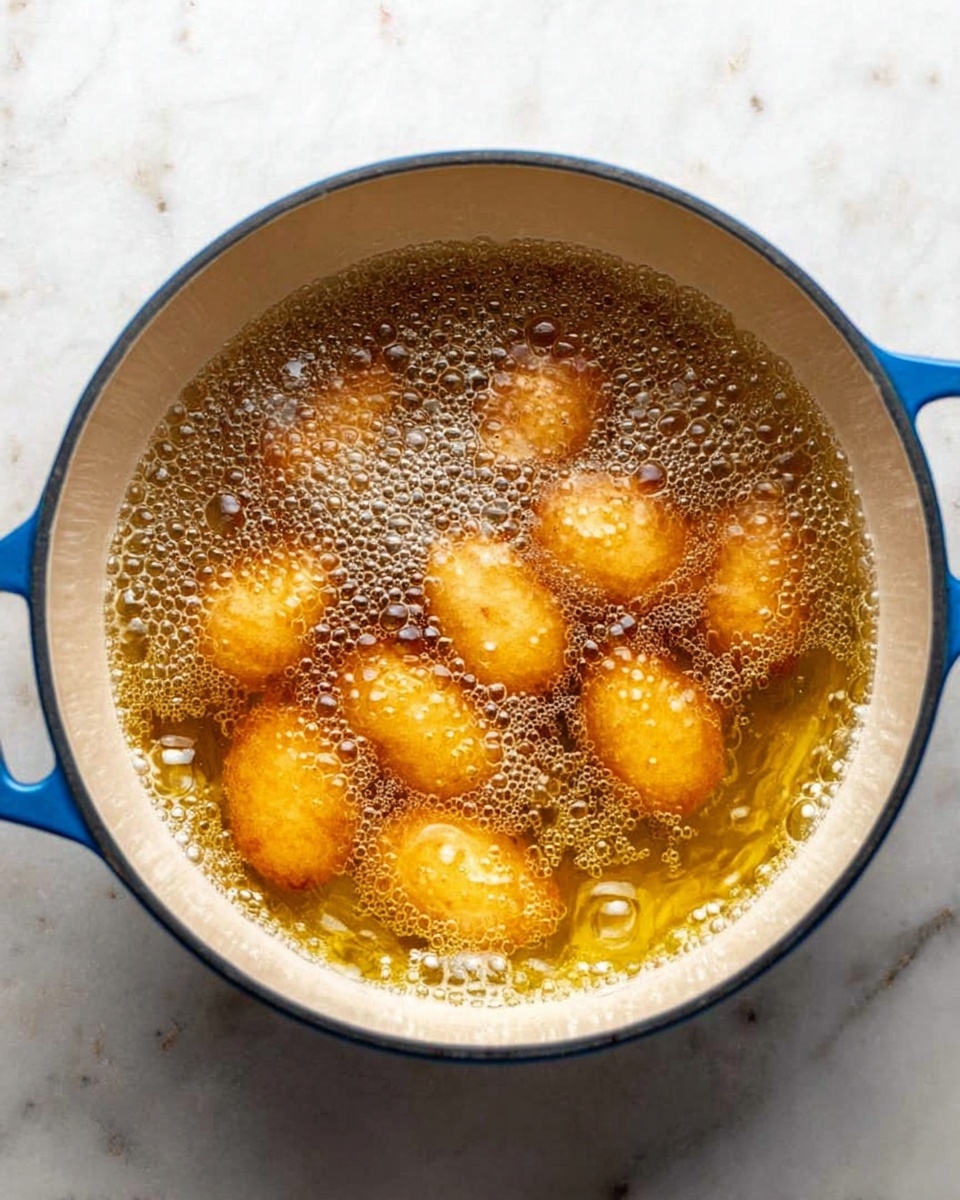 A blue pot with a white inside is shown from above, filled with golden hot oil bubbling and frying eight small golden brown round pieces. The oil bubbles create foam around the pieces, and the pot sits on a white marbled surface photo taken with an iphone --ar 4:5 --v 7