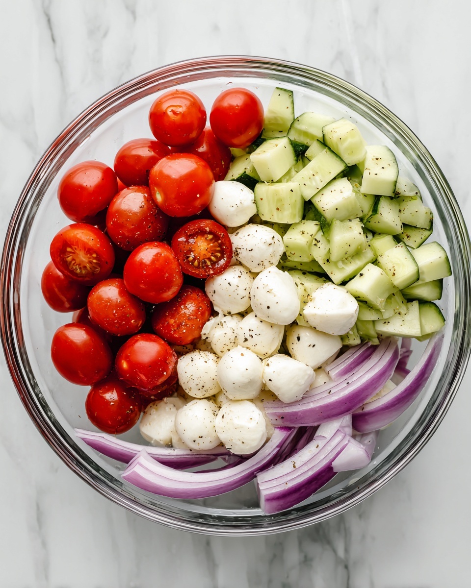 A clear glass bowl filled with four main layers placed side by side: bright red halved cherry tomatoes on the top left, light green diced cucumber with green skin on the top right, white small mozzarella balls seasoned with black pepper on the bottom left, and thin slices of purple-red onion with white centers on the bottom right. The bowl is set on a white marbled surface. Photo taken with an iphone --ar 4:5 --v 7