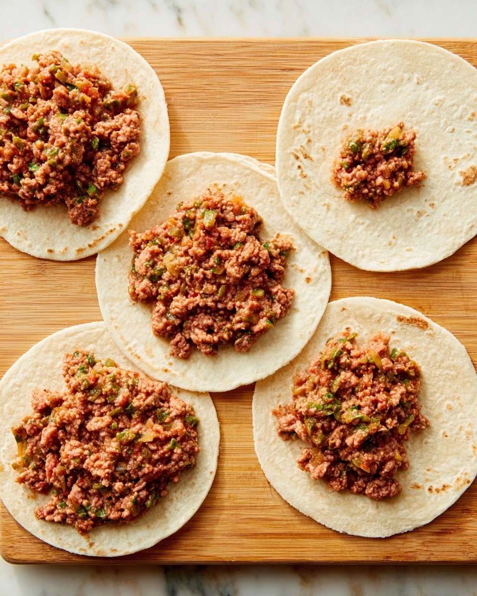 The image shows five white tortillas placed on a wooden board with a white marbled background. Four tortillas are topped with a layer of chunky minced meat mixed with small green vegetable pieces, spread evenly but not covering the entire surface. One tortilla near the top right is empty except for a small amount of filling in the center. The tortillas are arranged in a roughly circular pattern with some empty space between them. Photo taken with an iphone --ar 4:5 --v 7
