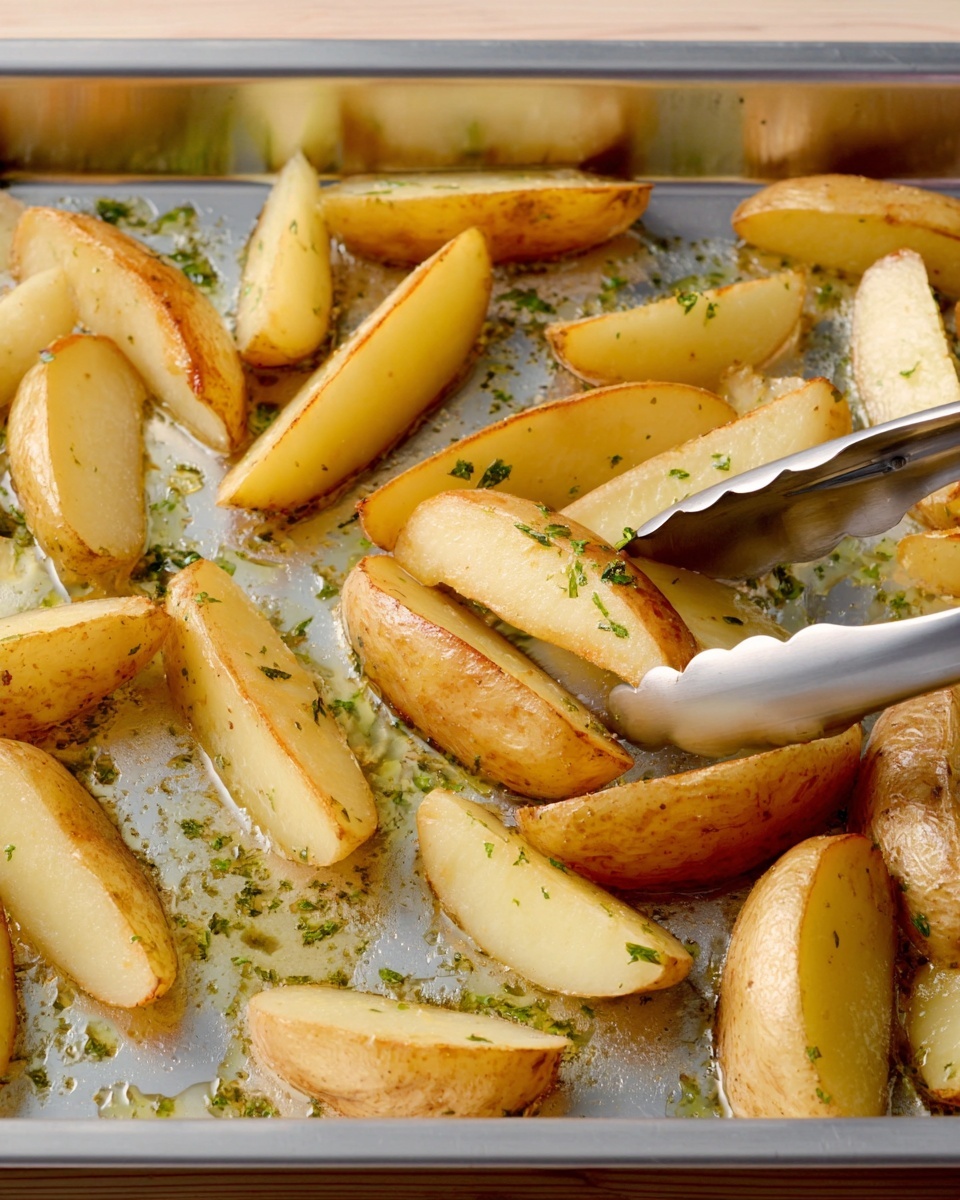 The image shows a close-up of about twelve potato wedges on a metal baking tray. The potatoes are light golden with soft skin, each cut into thick wedges. They are spread out on a layer of shiny oil mixed with small green herb bits scattered over the tray. Silver tongs are picking up one potato wedge from the middle. The background includes a soft light wood surface and the tray edges frame the scene from top and bottom. photo taken with an iphone --ar 4:5 --v 7