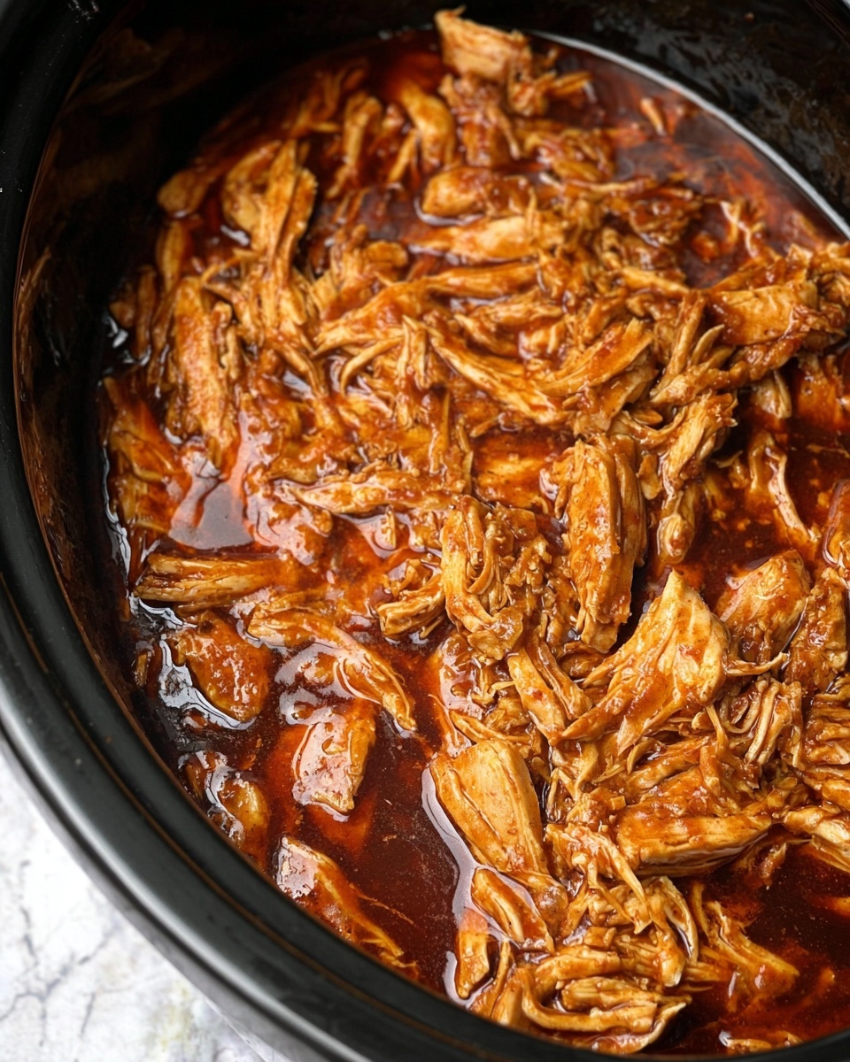 The image shows a close-up of shredded chicken covered in a rich, dark reddish-brown sauce inside a black slow cooker. The chicken pieces vary in size and texture, with some soft stringy strands and larger chunks mixed together. The sauce looks thick and glossy, coating the chicken evenly and pooling slightly around the edges. The background is a white marbled texture, highlighting the deep, warm colors of the dish. Photo taken with an iphone --ar 4:5 --v 7