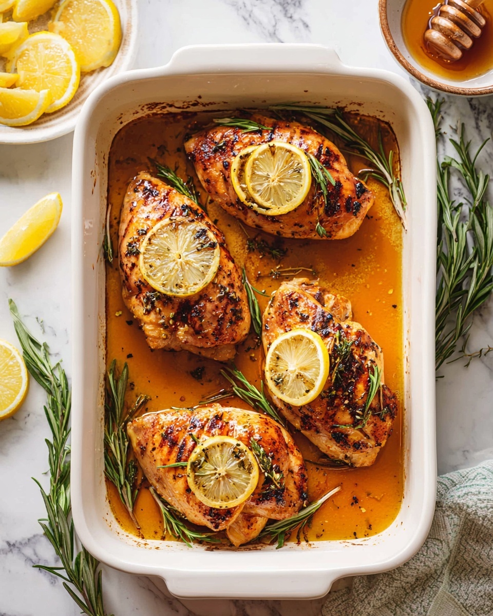 A white baking dish holds four browned chicken pieces with grilled marks, each topped with a round slice of lemon and a few sprigs of fresh green rosemary. The chicken sits in a shallow orange-brown sauce that fills the bottom of the dish. Around the dish, there are loose lemon slices and rosemary sprigs on a white marbled surface, with a bowl of honey and a white plate of lemon wedges partly visible. The scene looks bright and fresh, suggesting a simple roasted chicken meal. photo taken with an iphone --ar 4:5 --v 7