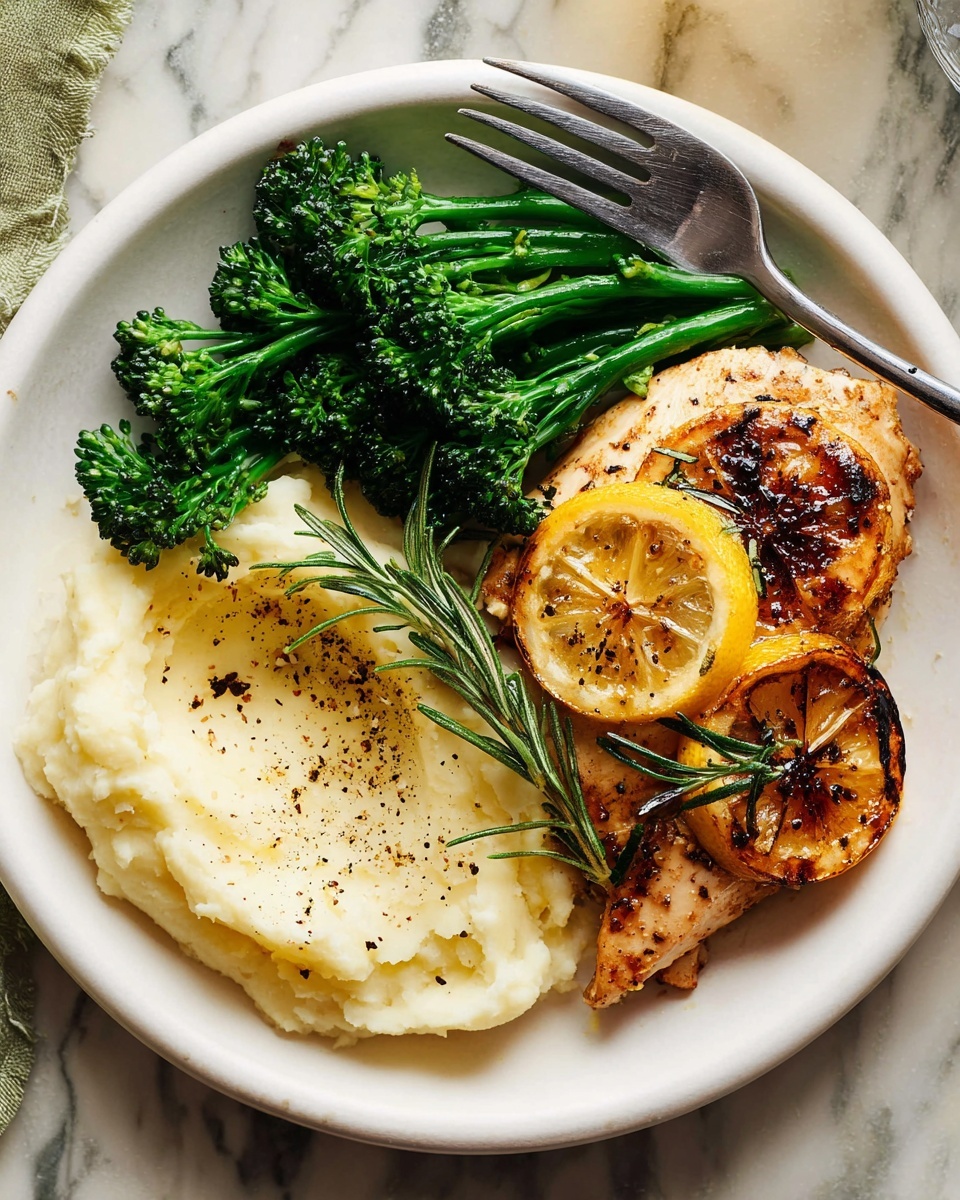 A white plate holds three main layers: bright green broccolini placed at the top center with a natural, slightly textured look; creamy mashed potatoes with a smooth, soft texture sprinkled with black pepper on the left side; and a golden-brown grilled chicken piece on the right, topped with two charred lemon slices showing a mix of yellow and brown shades. A small green rosemary sprig rests on the chicken, adding a fresh accent. The plate sits on a white marbled surface with part of a fork visible on the edge. Photo taken with an iphone --ar 4:5 --v 7
