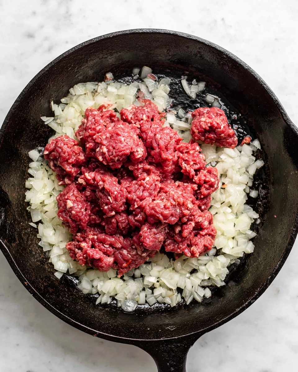 Inside a black cast iron pan, there are two main layers: the bottom layer is made of small, finely chopped white onions spread evenly around the edges of the pan, showing a soft and slightly shiny texture, while the top layer consists of several uneven chunks of raw ground red meat placed in the center, with a coarse and moist texture. The pan is set against a white marbled surface. photo taken with an iphone --ar 4:5 --v 7