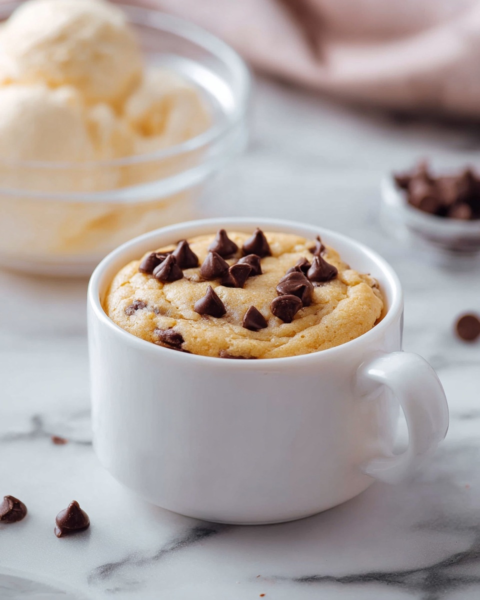 Microwave Chocolate Chip Cookie Recipe 5 A white mug filled with one thick, golden-brown baked cookie layer sprinkled with shiny dark chocolate chips on top, sitting on a white marbled surface with a few scattered chocolate chips nearby; in the background, a clear glass bowl with creamy off-white ice cream is slightly blurred. photo taken with an iphone --ar 4:5 --v 7
