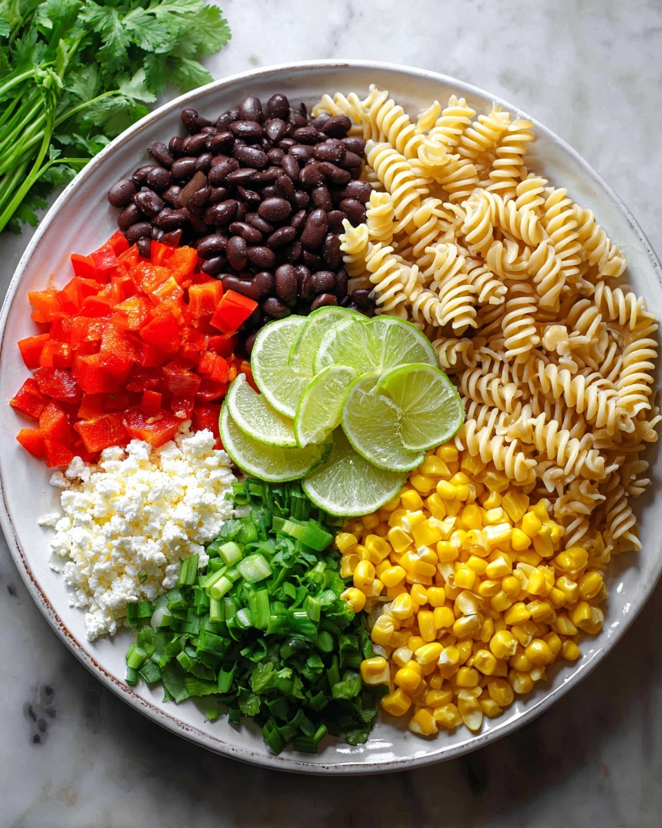Mexican Street Corn Pasta Salad Recipe 4 A white plate holds six distinct layers arranged side by side in a circular form: dark brown black beans in the top center, light beige rotini pasta on the right, bright yellow corn at the bottom right, green chopped scallions at the bottom left, bright red diced bell peppers at the top left, and a small pile of white crumbled cheese near the center. On top of the cheese in the middle, there are several green lime wedges and fresh green cilantro leaves. The plate sits on a white marbled surface. Photo taken with an iphone --ar 4:5 --v 7