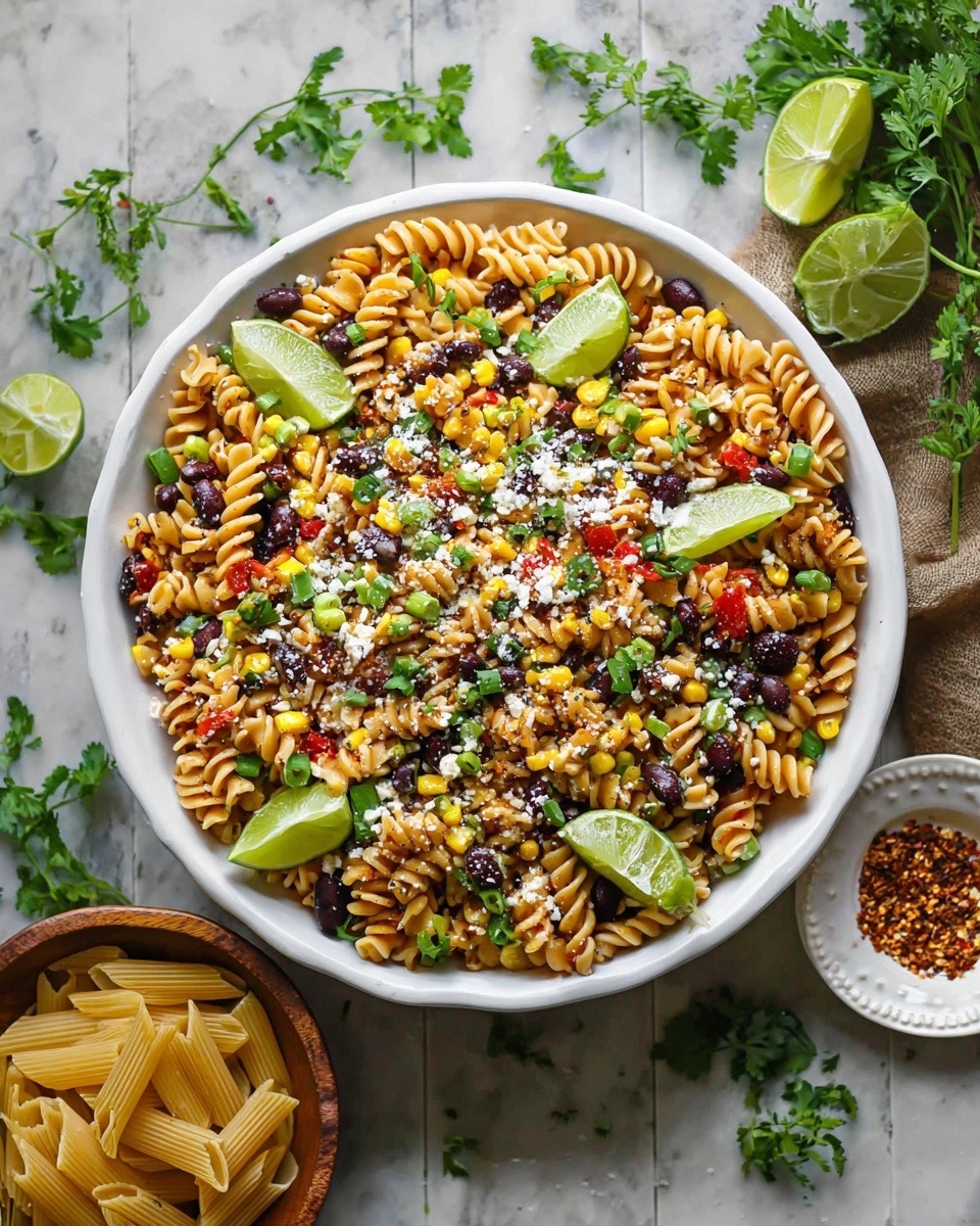 Mexican Street Corn Pasta Salad Recipe 5 A white bowl filled with a colorful pasta salad made of spiral pasta, black beans, yellow corn, chopped red peppers, and green onions, all mixed together. On top, there are small pieces of lime wedges placed evenly around the bowl, sprinkled with white cheese and dusted with a reddish seasoning. The bowl is on a white marbled surface with scattered fresh green herbs and a small white plate and wooden bowl holding extra pasta nearby. Photo taken with an iphone --ar 4:5 --v 7