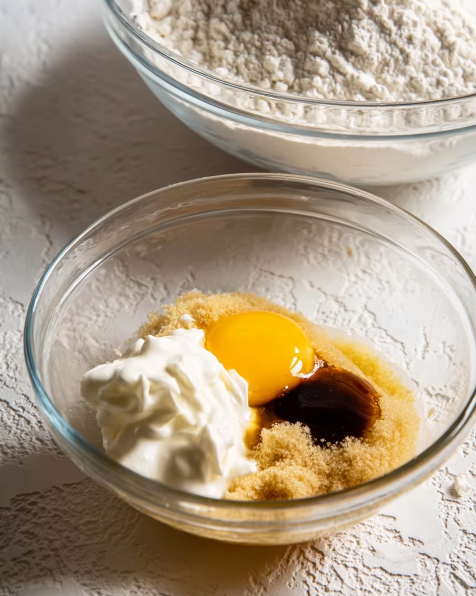 A clear glass bowl placed on a white marbled textured surface contains several baking ingredients in layers: at the bottom is a light brown granular layer of sugar, topped with a bright yellow raw egg yolk near the center, a dollop of thick white cream on the left, and a small dark brown splash of vanilla extract on the top right side. In the background, a larger clear glass bowl filled with white flour is visible. The scene is softly lit and simple. photo taken with an iphone --ar 4:5 --v 7