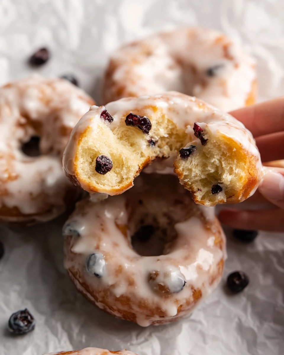 The image shows a close-up of round doughnuts covered with a shiny white glaze sitting on white crinkled paper on a white marbled surface. One doughnut is broken in half and held by a woman's hand, showing the soft, light yellow inside with small dark purple berries embedded. The glaze is smooth and slightly dripping, giving a glossy look to the golden-brown doughnuts. Some small dark berries are scattered around the doughnuts. The focus is on the broken doughnut halves showing the moist texture inside with a few berries visible. photo taken with an iphone --ar 4:5 --v 7