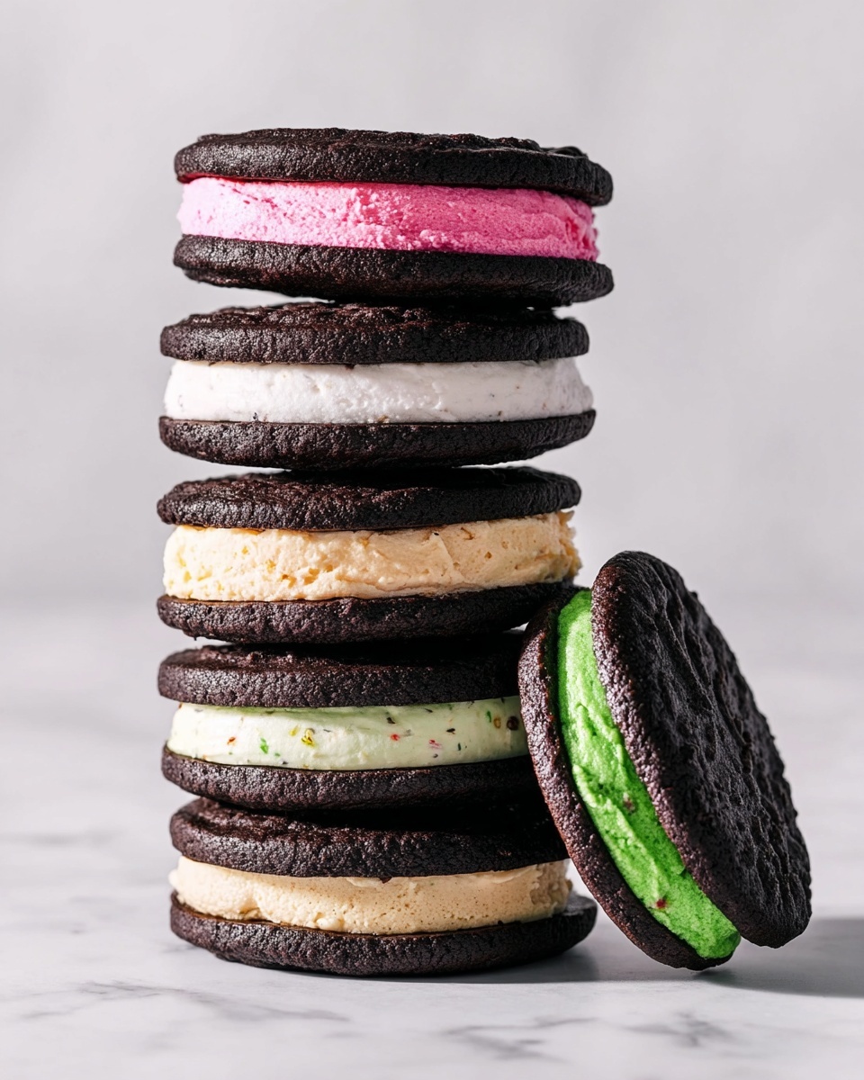Homemade Oreo Cookies Recipe 5 A tall stack of eight dark chocolate sandwich cookies are shown on a white marbled surface, each cookie sandwiching a different colored creamy filling. From top to bottom, the first cookie has a bright pink filling, the second a white filling, the third a green filling with small dark specks, the fourth a light beige filling, the fifth a white filling, the sixth a pink filling, and the seventh a slightly darker beige filling, while the eighth is at the bottom. Next to the stack on the right, one cookie lies on its side, revealing a green filling with small dark bits between two dark chocolate cookies. The background is plain white. photo taken with an iphone --ar 4:5 --v 7