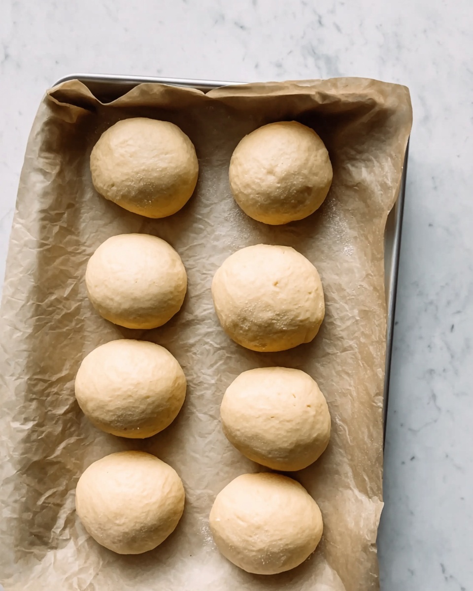 Quick and Easy Sourdough Discard Hot Dog Buns Recipe 4 The image shows a metal baking tray lined with wrinkled parchment paper holding seven smooth, round dough balls that have a pale beige color. Each dough ball is evenly spaced, with a slightly soft and pillowy texture visible on their surface. The tray rests on a white marbled surface that adds a clean and bright background to the simple setup. photo taken with an iphone --ar 4:5 --v 7