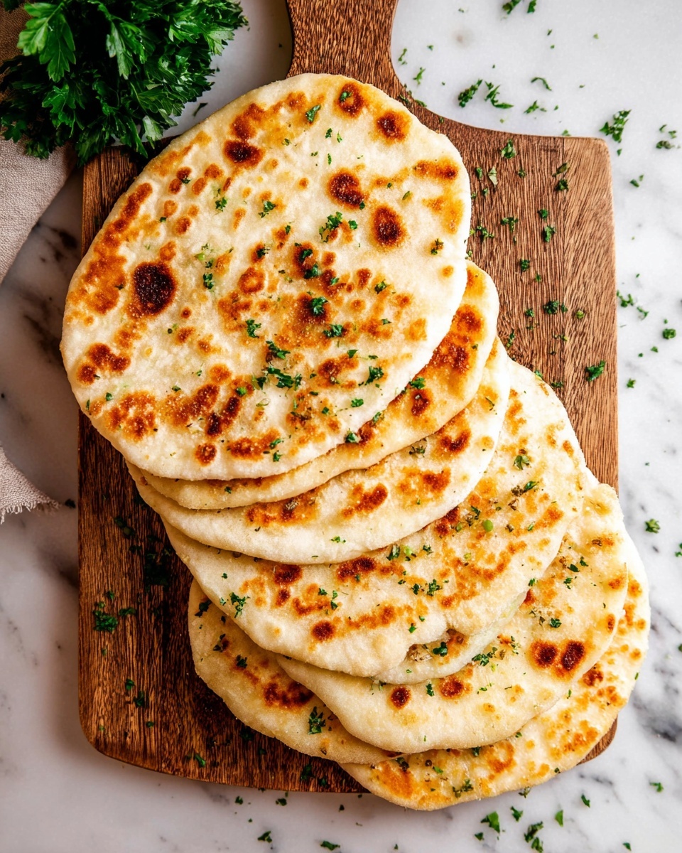 A stack of eight round flatbreads with golden brown toasted spots, arranged in a slightly overlapping, fanned-out pattern on a wooden cutting board. The flatbreads have a soft, fluffy texture with some patches of light cream and golden color. Small green parsley flakes are sprinkled over the flatbreads and scattered around the board. The wooden board sits on a white marbled surface, and some leafy green herbs are placed near the top left corner for decoration. photo taken with an iphone --ar 4:5 --v 7
