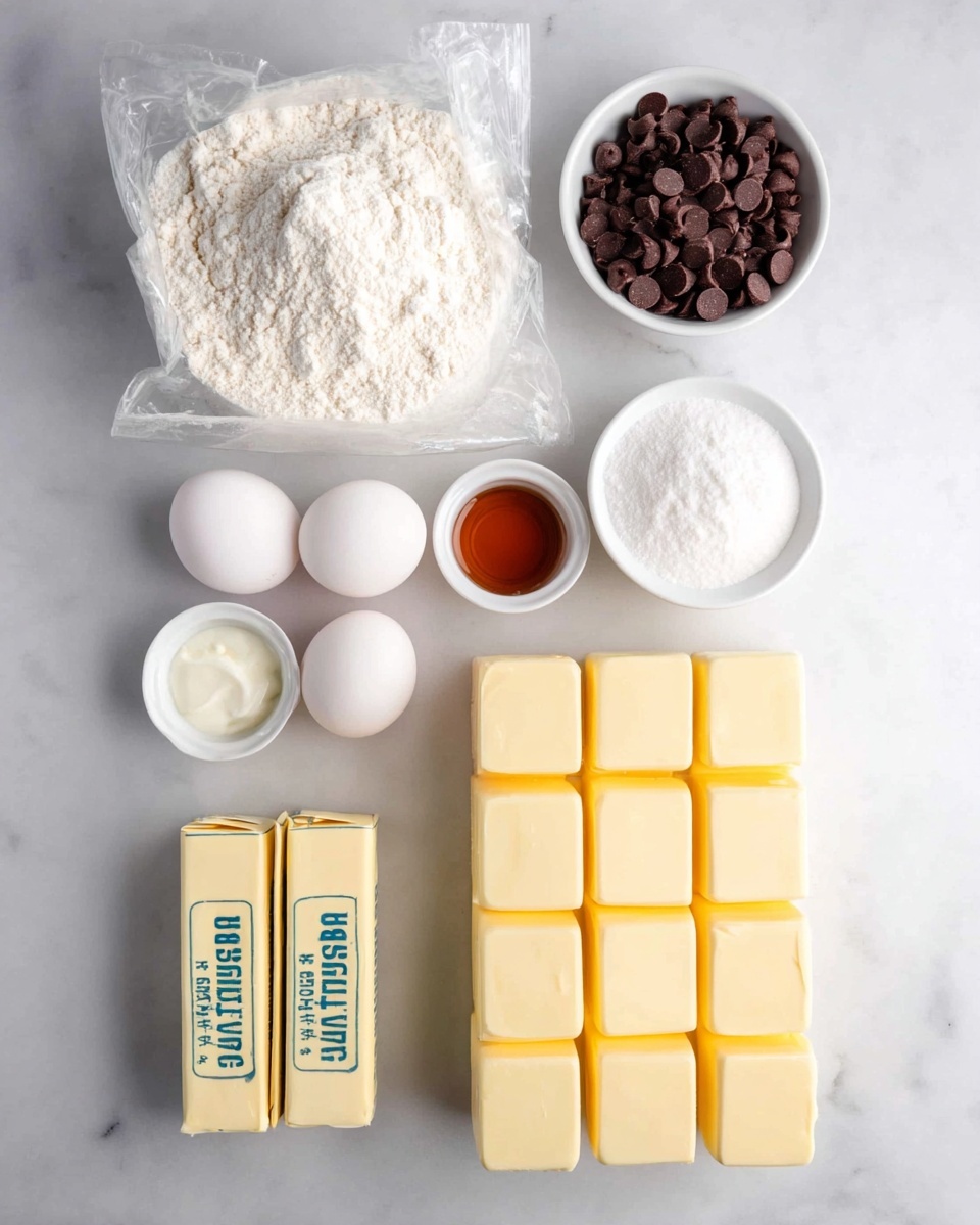 The image shows a white marbled surface with baking ingredients arranged neatly. At the top is a clear plastic bag filled with white flour. Below it, two small white bowls hold dark brown chocolate chips on the left and white powdered sugar on the right. Further down, four white eggs are placed in pairs on each side, with a small white bowl of cream in the center left and another small white bowl of amber-colored vanilla extract in the center right. At the bottom, two sticks of pale yellow butter labeled