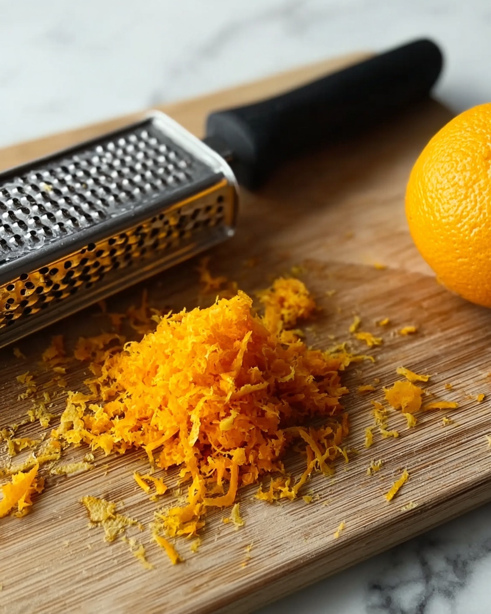 The image shows a wooden board with a pile of fresh orange zest in the center. To the left of the zest, there is a metal zester with a black handle resting on the board. On the right side of the board, there is a whole orange. The texture of the zest is fine and vibrant, with bright orange pieces scattered slightly around the main pile. The background is a white marbled surface. photo taken with an iphone --ar 4:5 --v 7