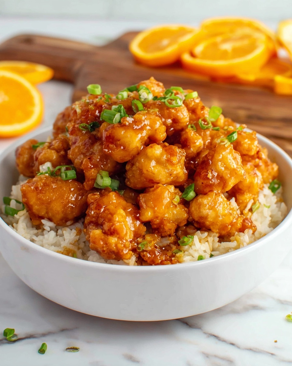 The image shows a close-up of a white bowl filled with white rice in the bottom layer, topped with small, round orange-glazed chicken pieces covered in a shiny sauce. The chicken is bright orange with a sticky texture and is sprinkled with finely chopped green onions and tiny yellow zest bits scattered over the top. A pair of light blue chopsticks held by a woman's hand is actively picking up a piece of chicken. The background is a white marbled surface. photo taken with an iphone --ar 4:5 --v 7