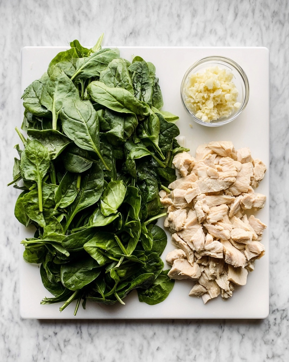 4-Ingredient Spinach Artichoke Chicken Texas Toast Recipe 4 The image shows a white rectangular cutting board on a white marbled surface. On the left side of the board, there is a large pile of fresh, dark green spinach leaves with a slightly wrinkled texture. On the right side, there are small, light beige pieces of cooked chicken, arranged in an even layer. Above the chicken, there is a small clear glass bowl filled with minced garlic. The colors contrast nicely with the white cutting board and marble background. photo taken with an iphone --ar 4:5 --v 7