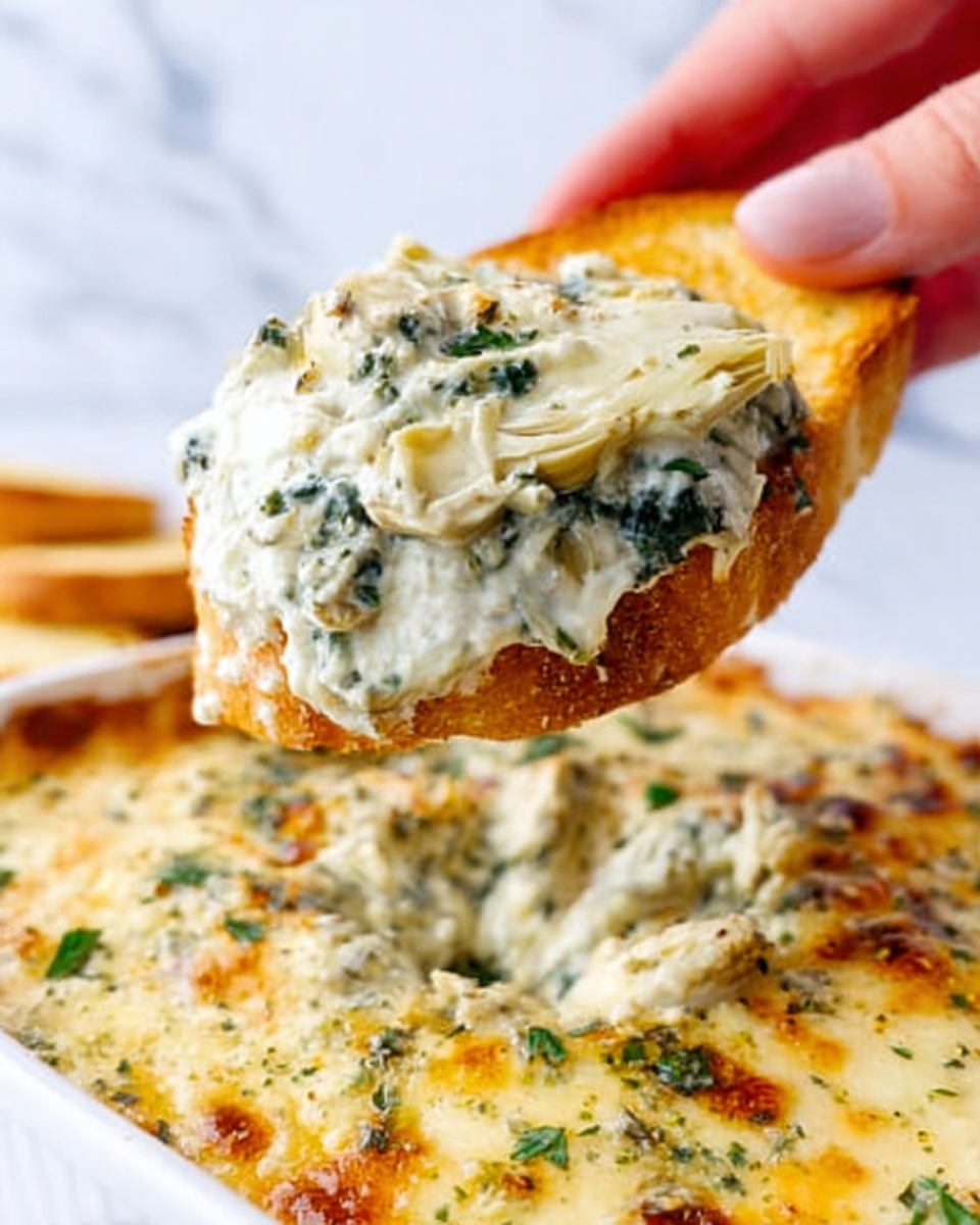 4-Ingredient Spinach Artichoke Chicken Texas Toast Recipe 5 A close-up of a toasted slice of bread held by a woman's hand above a white baking dish. The bread is golden brown and crispy, with a thick spread of creamy spinach and artichoke dip that has visible chunks of artichoke and green spinach leaves. The dip is creamy white with hints of melted cheese, a slightly browned top layer, and sprinkled with fresh herbs. The white baking dish underneath shows more of the creamy spinach artichoke dip with a golden, bubbly cheese layer. The background is a bright white marbled surface. Photo taken with an iphone --ar 4:5 --v 7