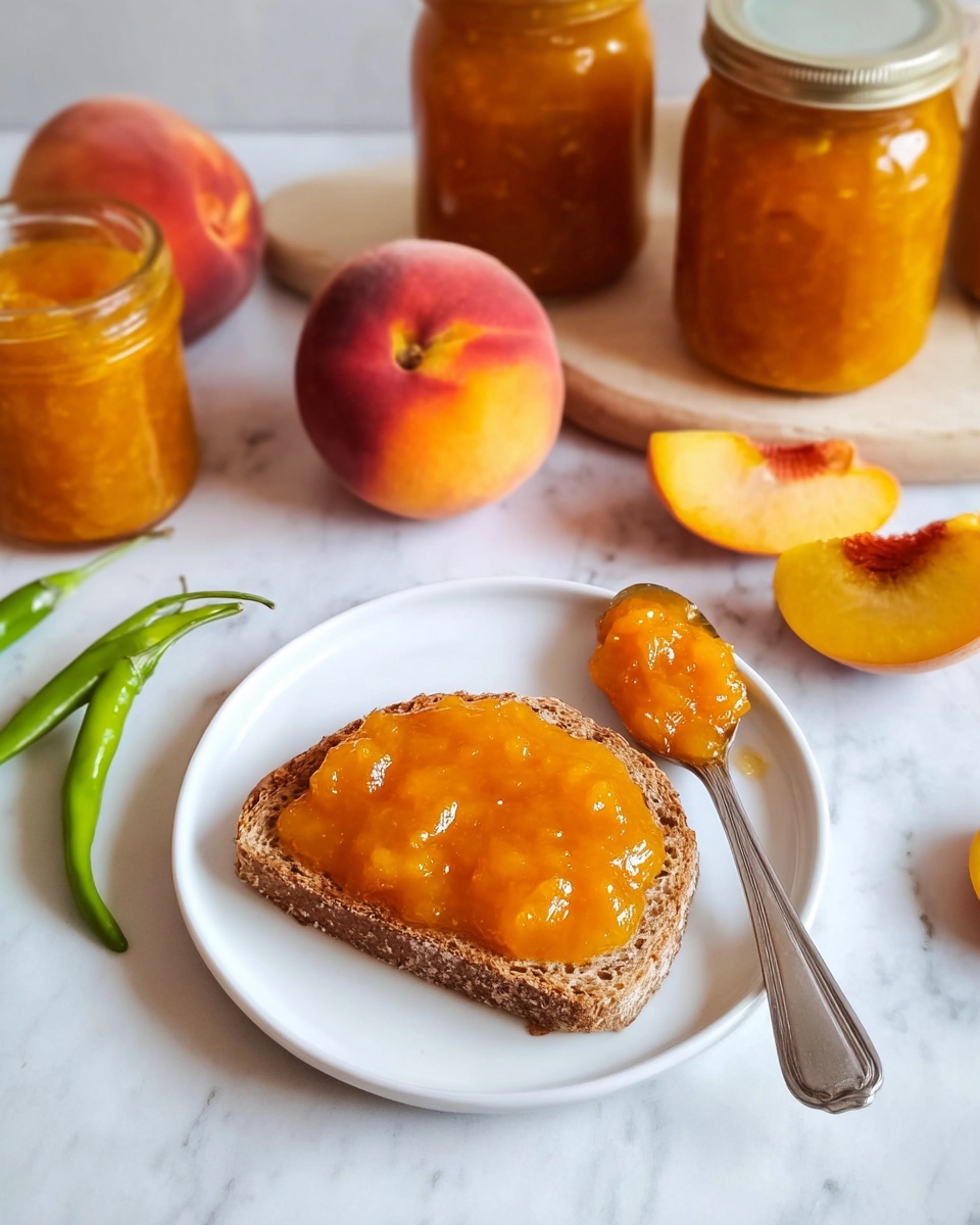 A single slice of brown bread with a rough texture is placed in the center of a white plate, topped with a thick, bright orange peach jam spread evenly across the surface. To the right of the bread slice, a silver spoon rests on the plate, holding a generous scoop of the same peach jam, shiny and slightly chunky. Surrounding the plate are whole peaches with a soft red and orange gradient and a small bunch of green chili peppers on a white marbled surface. Three jars filled with the same orange jam are placed in the background. The scene is well-lit and natural. Photo taken with an iphone --ar 4:5 --v 7