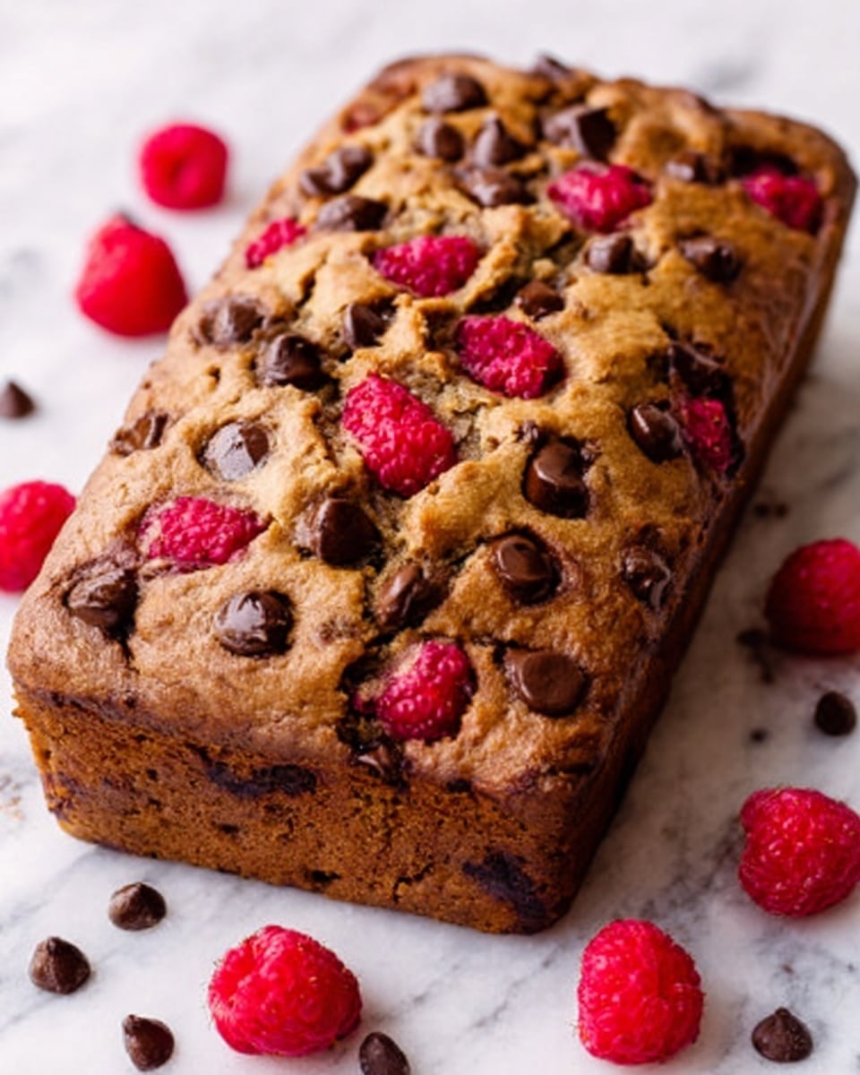 A loaf-shaped cake on a white marbled surface, textured with many chocolate chips all over the top and scattered bright red raspberries mixed in and on top, the cake has a golden brown color showing soft, moist texture, with some cracks revealing the rich inside, a few loose chocolate chips and raspberries are placed around it. photo taken with an iphone --ar 4:5 --v 7