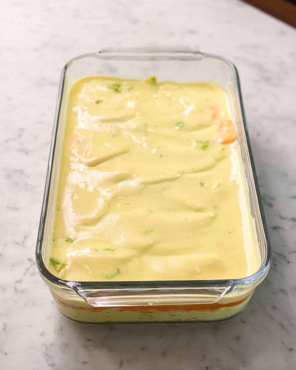 A clear glass rectangular dish is filled with three even layers of food, covered by a smooth, pale yellow creamy sauce on top with hints of green specks, showing faint glimpses of an orange layer beneath. The dish rests on a white marbled surface. photo taken with an iphone --ar 4:5 --v 7