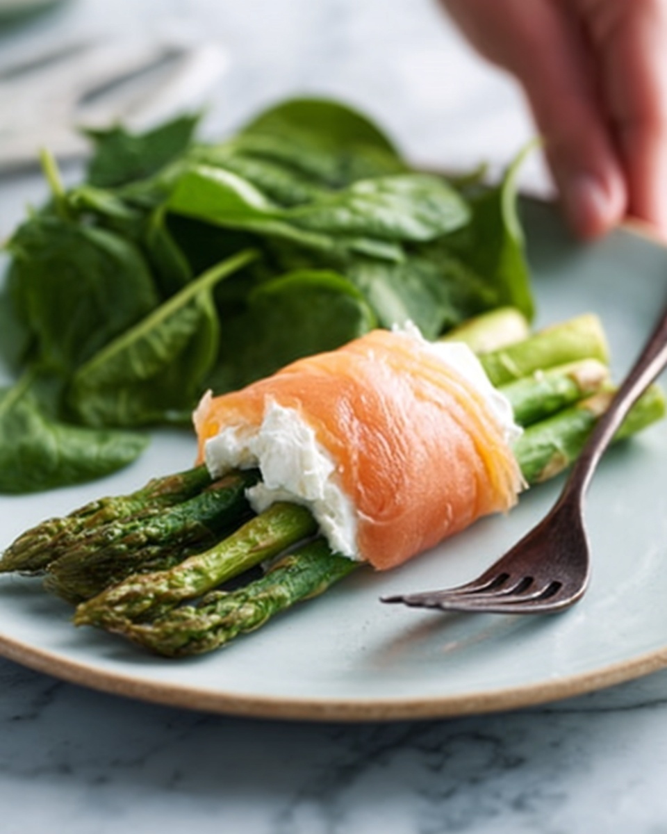 The image shows a white plate on a white marbled surface, with a layered food item centered on the plate. The bottom layer is a bundle of green asparagus spears with a fresh and smooth texture, sitting close together horizontally. Wrapped around the middle of the asparagus is a pinkish-orange slice of smoked salmon, showing a slightly shiny, soft texture. On top of the salmon, there is a dollop of white creamy cheese, slightly melting over the fish. Behind this main stack, there is a small bunch of fresh, dark green spinach leaves, loose and slightly crinkled. A woman's hand is holding a dark fork, pointing toward the plate on the right side. The photo taken with an iphone --ar 4:5 --v 7