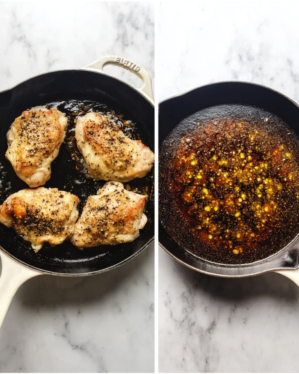 The image shows two white cast iron pans on a white marbled surface. The left pan has four cooked light golden brown chicken pieces with a slight crisp on top, seasoned with black pepper. The right pan contains a dark brown sauce bubbling with small yellow bits floating on the surface, creating a rich, textured layer. Photo taken with an iphone --ar 4:5 --v 7