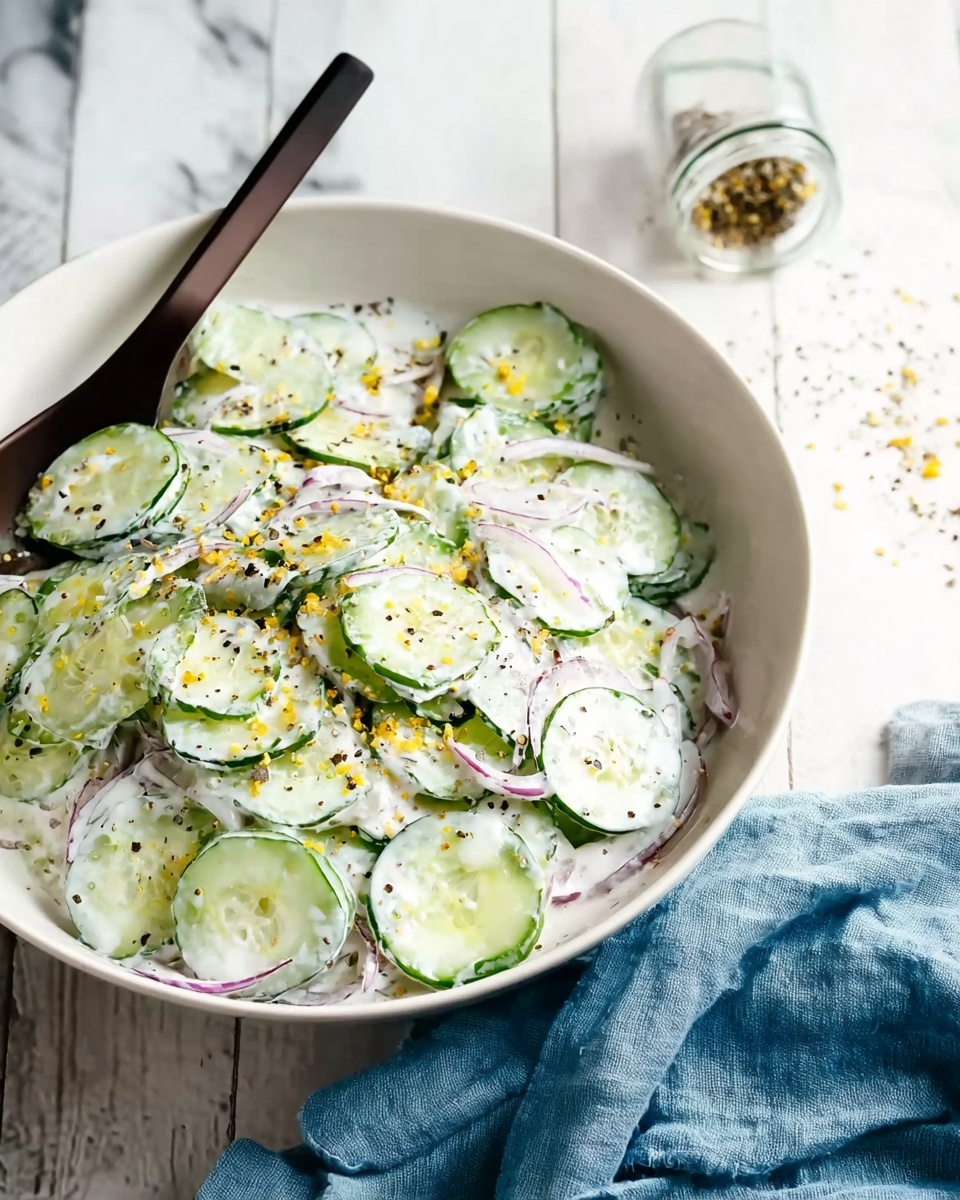 A white bowl filled with several thin, round slices of light green cucumbers mixed well with thin white and purple onion slices, all coated in a creamy white sauce. The salad is topped with small bits of yellow and black seasoning sprinkled evenly across the top. There is a dark spoon sticking out from the left side of the bowl. In the foreground to the right, a soft blue cloth rests alongside the bowl. The background is a white marbled textured surface with a small jar tipped over and more seasoning spilled near the back of the bowl. Photo taken with an iphone --ar 4:5 --v 7