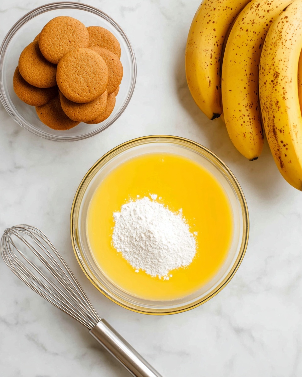 A glass bowl sits on a white marbled surface filled with a bright yellow liquid layer at the bottom and a white powdery layer on top, likely flour and sugar. To the left, there is another glass bowl filled with small round brown cookies stacked inside. On the right side, a bunch of ripe yellow bananas with brown spots is resting on the white marbled texture. Below the bowl with the yellow liquid and white powder, a metal whisk lies on the surface. Photo taken with an iphone --ar 4:5 --v 7