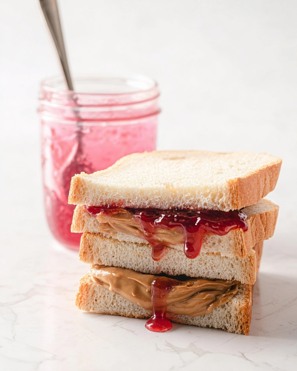 A sandwich made of two slices of soft white bread stacked on top of each other with thick layers inside; the bottom layer is a smooth, brown peanut spread, and on top of it is a glossy, red jelly spread that slightly drips out from the edges. Behind the sandwich, there is a clear glass jar filled with pink jelly and a silver spoon placed inside the jar. The whole scene is set on a white marbled surface with bright, soft light highlighting the textures and colors. Photo taken with an iphone --ar 4:5 --v 7