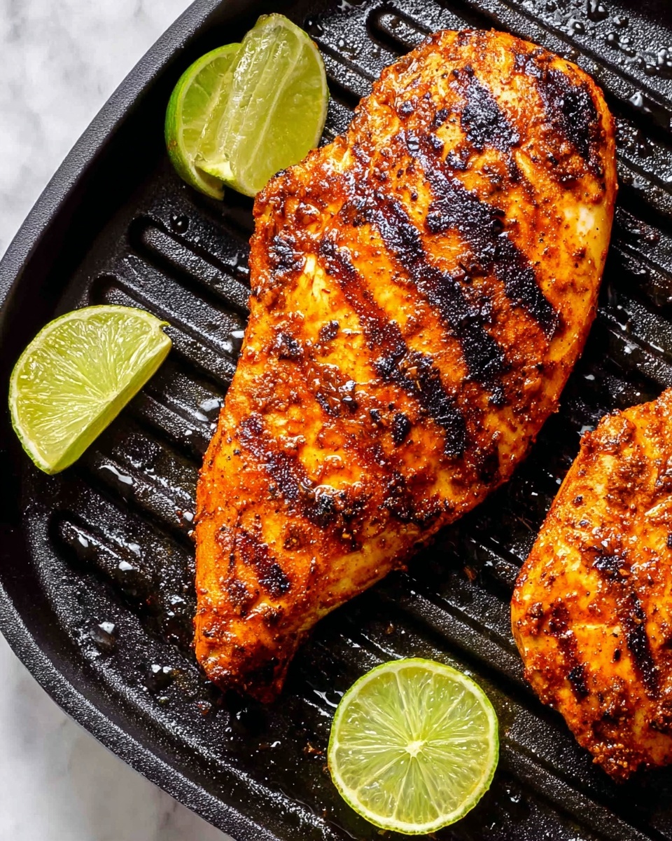 The image shows two grilled chicken pieces on a black grill pan with clear grill marks. The chicken is a rich orange-brown color with darker charred spices and seasoning on top, giving it a textured, slightly crusty look. There are three lime wedges around the chicken, showing a fresh green outside and pale green-yellow inside with juice droplets. The scene is set on a white marbled texture surface. Photo taken with an iphone --ar 4:5 --v 7