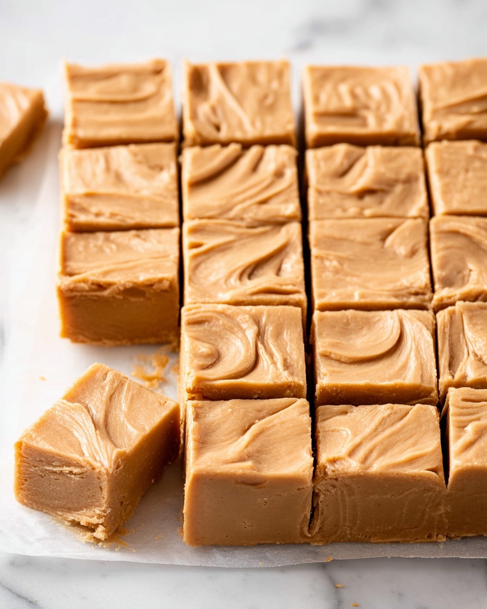 A square batch of light brown fudge is placed on a white marbled surface, cut into 36 small squares arranged in 6 rows and 6 columns. The fudge has a smooth yet slightly cracked texture on top, with soft swirls and folds visible across each piece. Two small fudge squares are removed from the bottom left corner, showing their thickness and soft interior. The edges of the fudge are slightly uneven, and the color is consistent throughout the entire batch. photo taken with an iphone --ar 4:5 --v 7