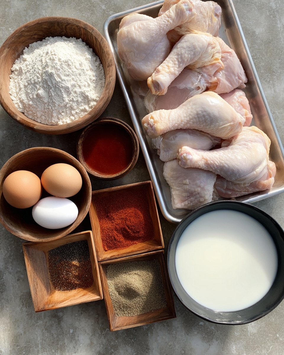 The image shows raw chicken pieces arranged in two rows on a metal tray at the top center, with drumsticks and thighs in light pink and beige tones. Below and around the tray, several containers hold ingredients: to the left, a wooden bowl filled with white flour; in the center, a small brown cup of reddish sauce; below that, a square wooden container divided into four sections filled with ground black pepper, garlic powder, paprika, and salt, each showing distinct fine textures and colors; to the bottom left, a small square wooden bowl holds two eggs, one brown and one white, smooth and shiny; to the right, a large black bowl contains white milk with a slightly frothy surface. The items are placed on a white marbled surface, with soft natural lighting from the top right. Photo taken with an iphone --ar 4:5 --v 7