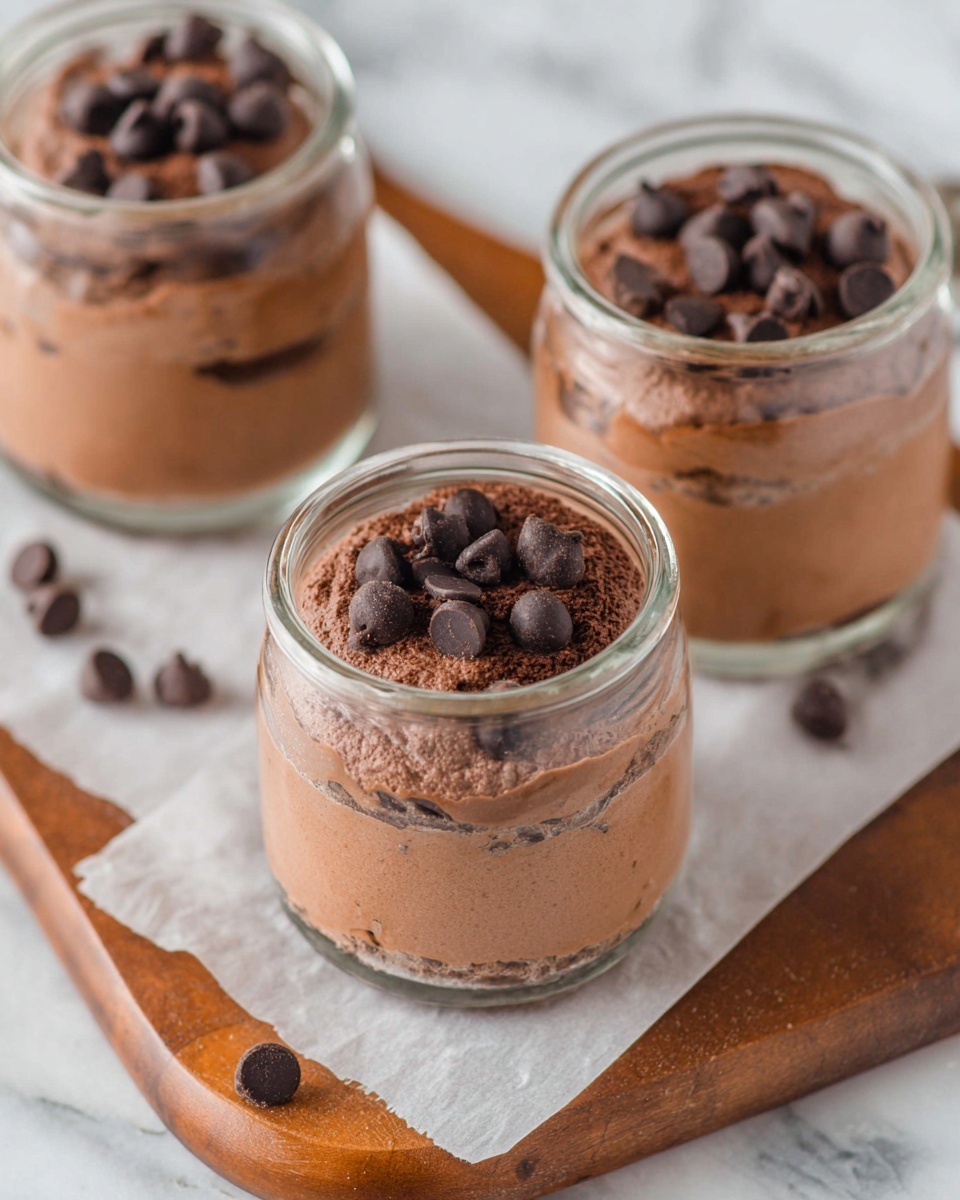 The image shows three small clear glass jars filled with two layers of chocolate mousse. The bottom layer is a smooth and light brown chocolate mousse, while the top layer is a thicker, darker chocolate mousse with a creamy texture. Each jar is topped with several dark chocolate chips scattered unevenly on the surface. The jars are placed on white parchment paper over a wooden board, all set on a white marbled surface. A few extra chocolate chips are scattered around the jars. The photo is taken with an iphone --ar 4:5 --v 7