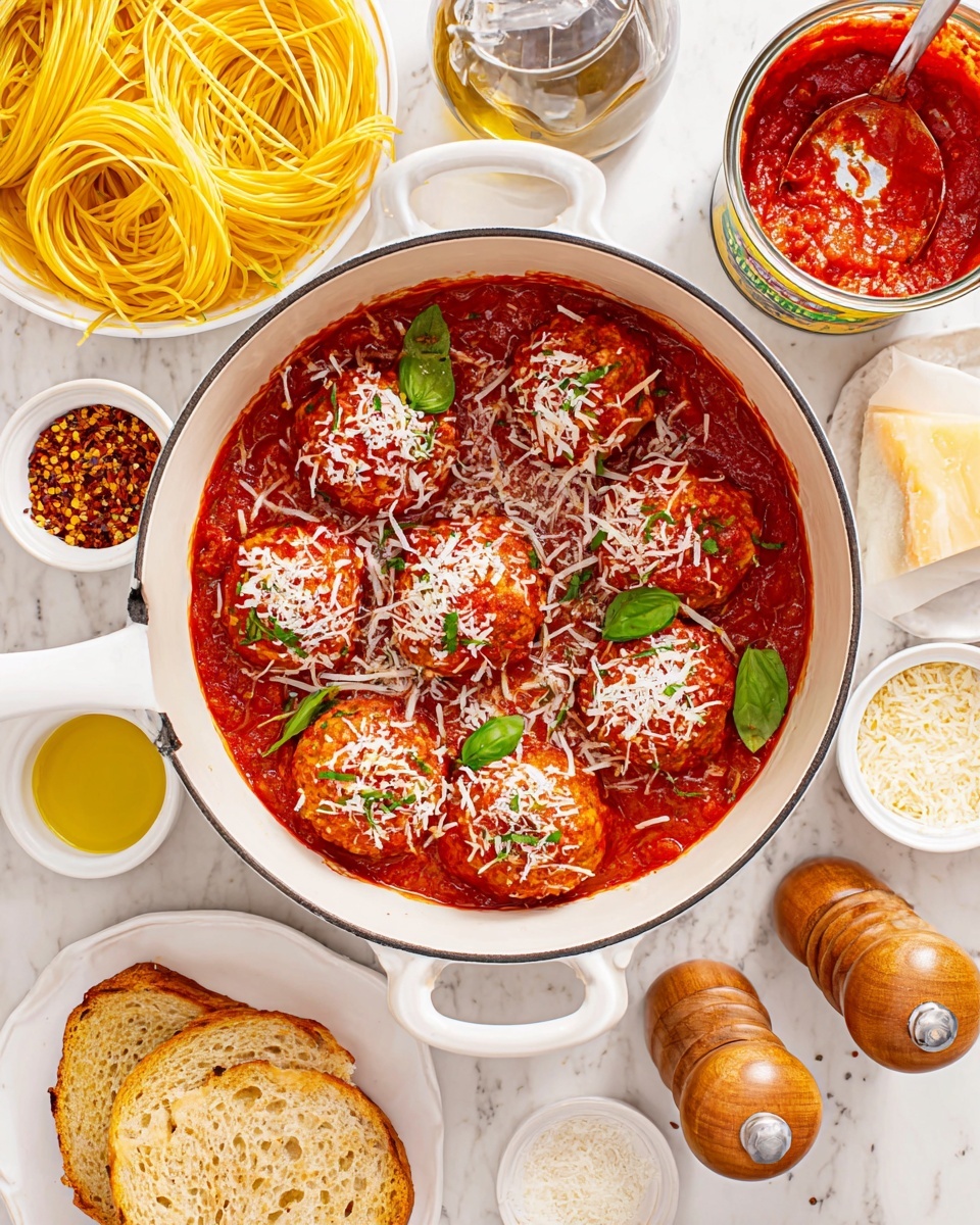 A white pot filled with six round, meat-filled rolls covered in a textured, bright red tomato sauce, topped with shredded white cheese and green basil leaves scattered across. Around the pot, there is a white bowl of yellow spaghetti noodles, an open can of crushed red tomatoes showing a wet, chunky red texture, a white plate with two slices of golden toasted bread, and a small white dish with a block of pale yellow cheese and grated cheese pieces. Also seen are small white bowls with olive oil and breadcrumbs, a pair of wooden salt and pepper shakers, and a wooden spoon inside a small bowl of red chili flakes, all placed on a white marbled surface. A woman's hand is holding a spatula near the pot. photo taken with an iphone --ar 4:5 --v 7