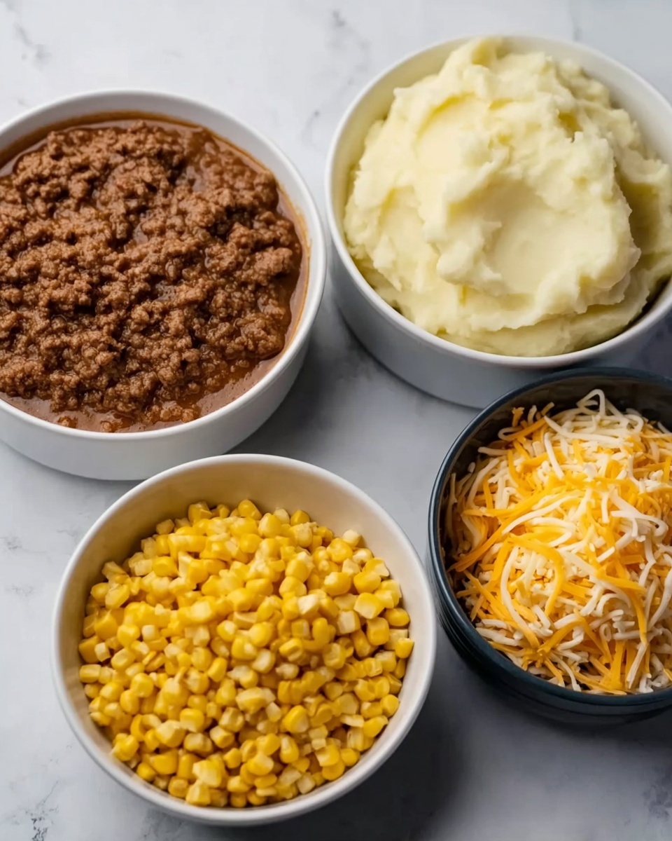 The image shows four white bowls on a white marble surface. The top left bowl holds a layer of cooked ground meat in a brown sauce, textured with small crumbles and a wet appearance. To the right, a bowl filled with creamy mashed potatoes, smooth and slightly swirled on top with a light off-white color. Below the meat dish, the bowl has bright yellow corn kernels, appearing shiny and plump. To the right of the corn, a smaller bowl is filled with shredded orange and yellow cheese, with thin strands piled unevenly. The arrangement is neat and each bowl sits separately. Photo taken with an iphone --ar 4:5 --v 7
