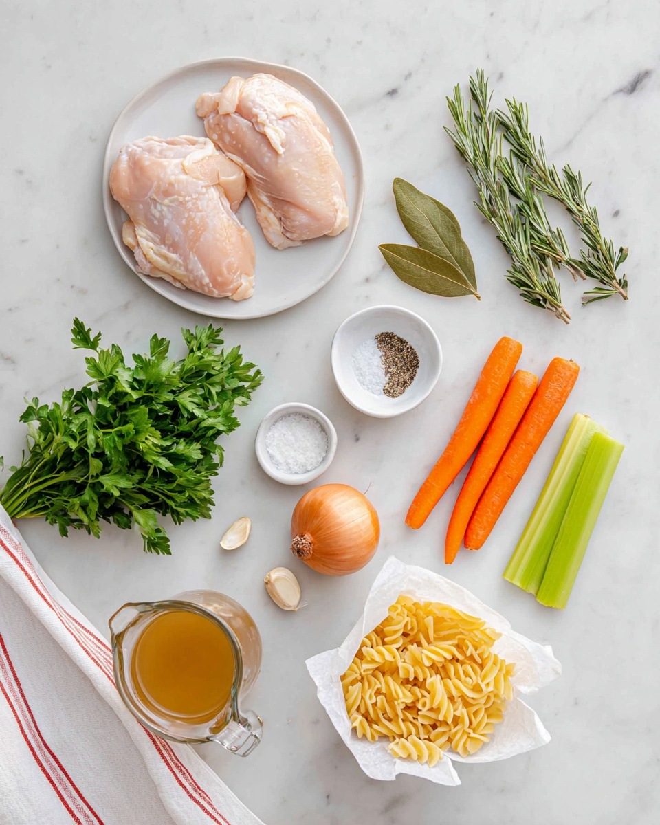 The image shows raw ingredients on a white marbled surface. In the top left, two large pale pink pieces of raw chicken lie on a small white plate. Below and to the left, there is a bunch of fresh green parsley with a soft texture. Next to the parsley, a small white plate holds two dark green bay leaves and two sprigs of fresh rosemary with needle-like leaves. On the right side, there are two bright orange carrots and two light green celery sticks placed parallel to each other. Below them, a single round brown onion sits near two small white bowls, one containing white salt and the other with black pepper. A small white dish with several peeled garlic cloves is near the bottom right. Loose uncooked yellow fusilli pasta is scattered slightly spilling from an open white paper bag. Near the bottom left corner, a clear glass measuring cup filled with light golden broth has few herbs visible inside. A white towel with red stripes is partially visible at the left edge. photo taken with an iphone --ar 4:5 --v 7