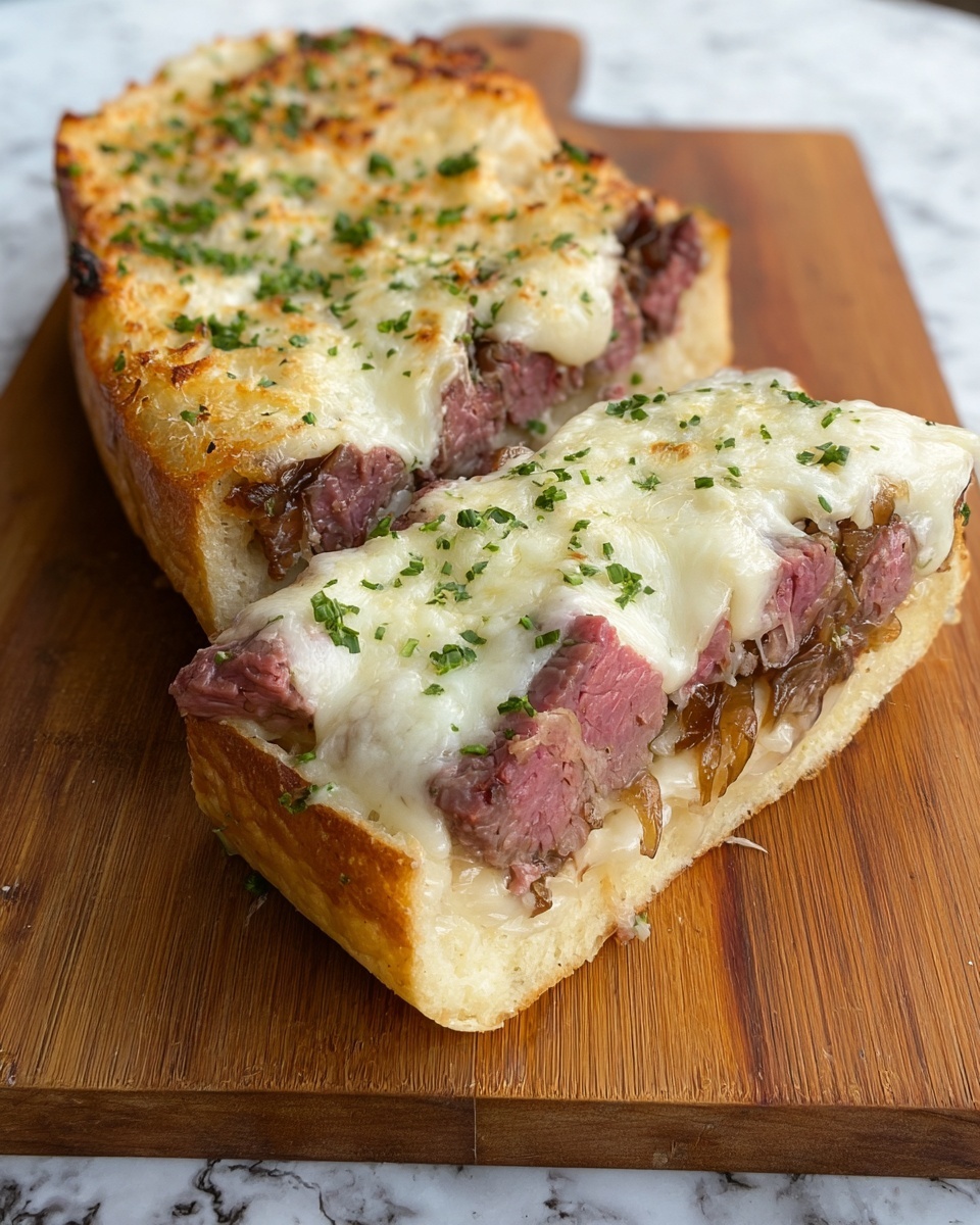 Steak Stuffed Bread Boat Recipe 5 A sandwich is placed on a wooden board, sliced in half to show the inside. The sandwich has a thick golden-brown toasted bread base that is soft and fluffy inside. The first layer is cooked pinkish meat chunks resting on a layer of caramelized brown onions. On top of this is a thick white melted cheese layer that covers the meat and bread, topped with chopped green herbs sprinkled over all. The cheese looks browned in spots from baking. The background has a white marbled texture under the wooden board. photo taken with an iphone --ar 4:5 --v 7