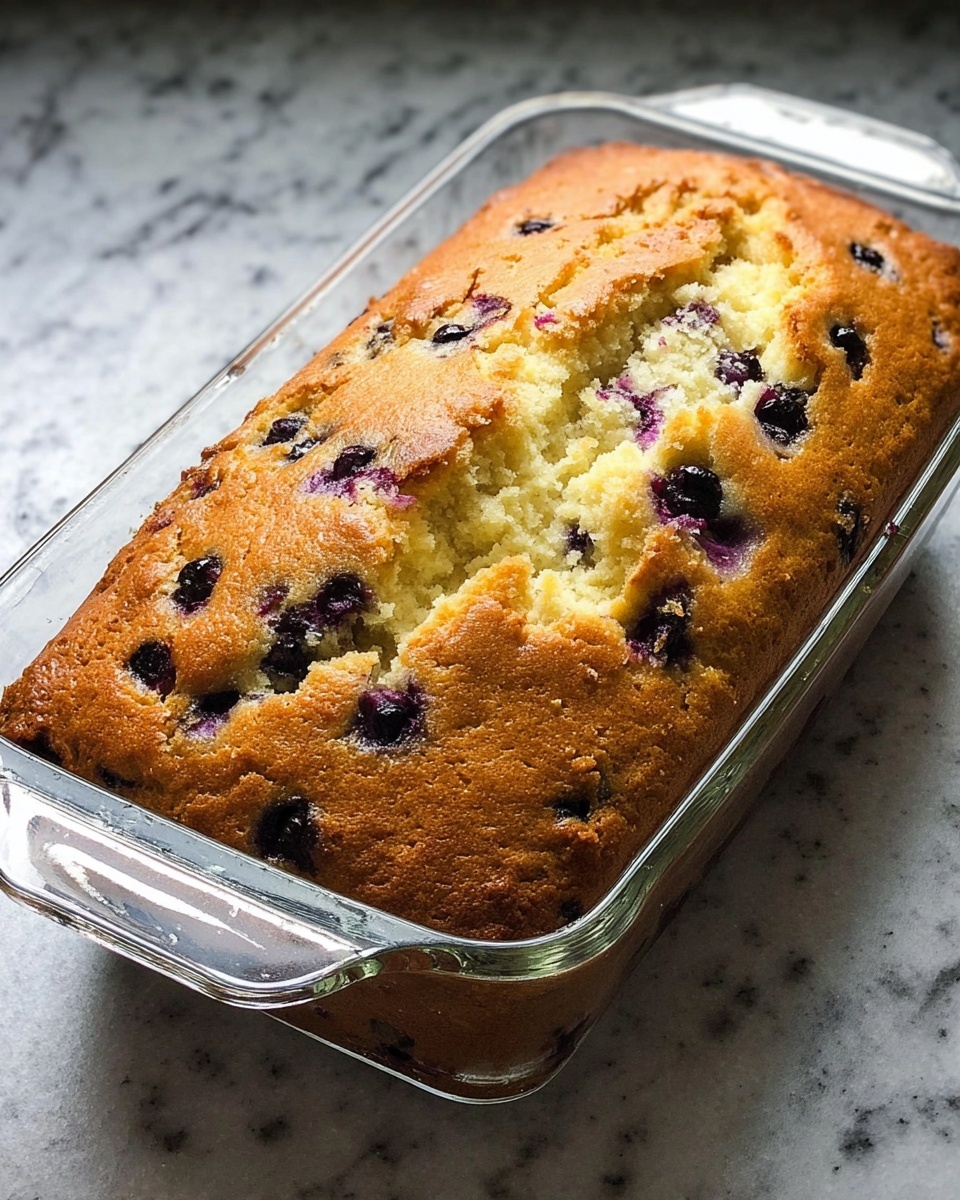 A golden brown loaf cake with a rough, cracked top showing a soft, light yellow inside mixed with dark purple blueberries scattered throughout. The cake sits in a clear glass rectangular baking dish with handles on each side, placed on a white marbled surface. The texture looks firm on the outside and tender inside with visible blueberry spots throughout the cake. Photo taken with an iphone --ar 4:5 --v 7