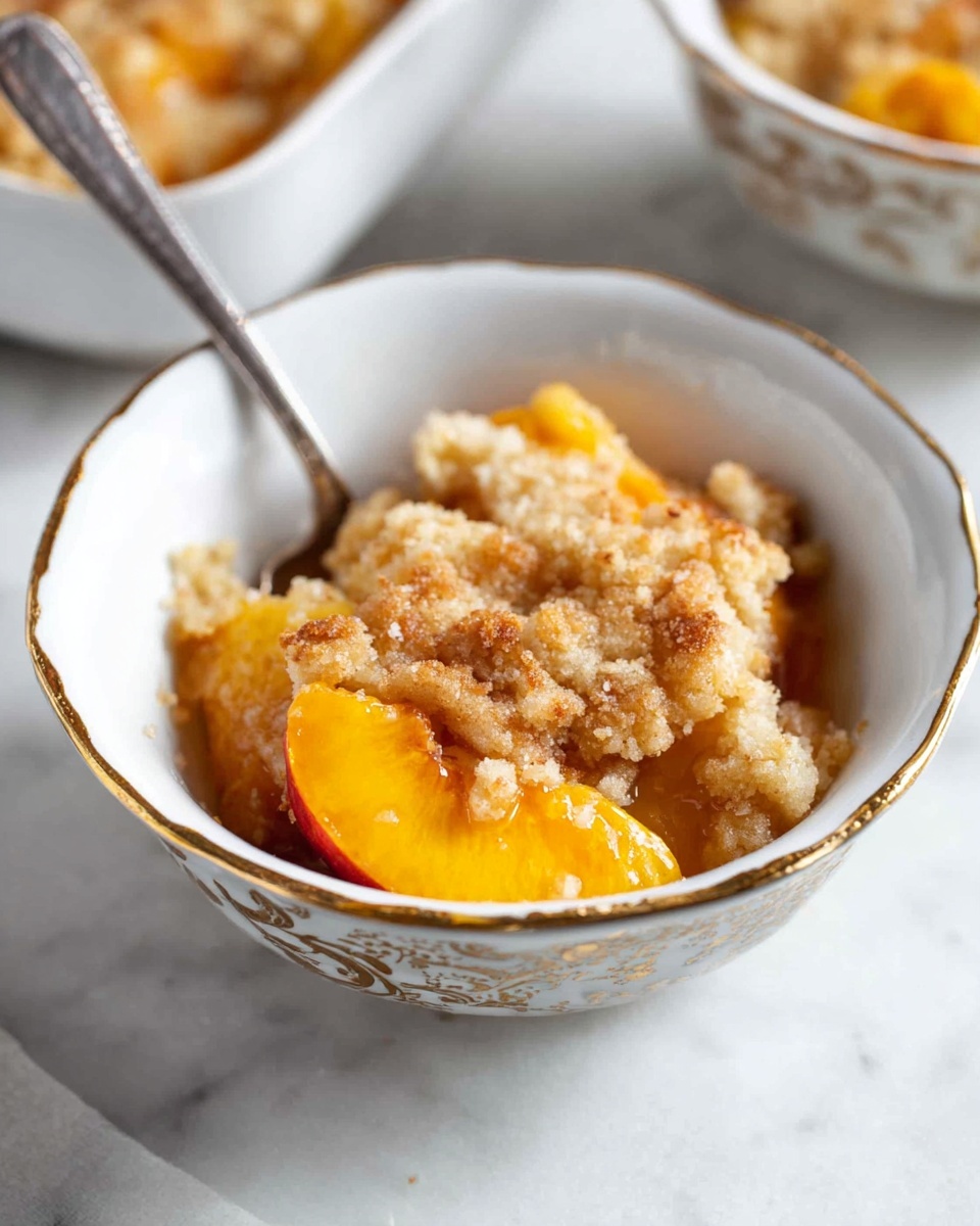 A glass rectangular baking dish holds a peach cobbler with a golden brown, soft crust that looks slightly bubbly and sticky in some places. The crust covers most of the top but parts reveal bright yellow-orange peach slices underneath with a syrupy texture. On one corner, a metal spoon is scooping out some of the cobbler, showing the soft peaches and crust layers clearly. The dish is placed on a white marbled surface with a gray and white striped cloth in the background. Photo taken with an iphone --ar 4:5 --v 7