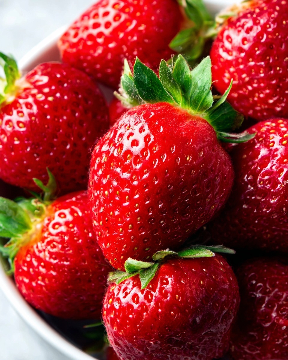 A close-up shot of several bright red strawberries with green leaves still attached, piled together in a white bowl. The strawberries have a shiny, slightly bumpy texture with visible seeds. The white bowl sits on a white marbled surface, which adds a soft contrast to the vivid red of the fruit. The lighting highlights the freshness and natural shine of the strawberries, making them look juicy and ripe. Photo taken with an iphone --ar 4:5 --v 7