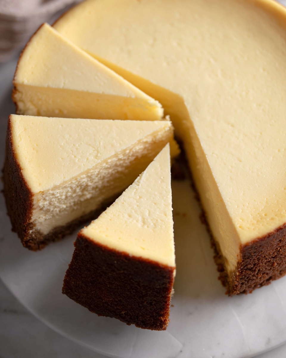 A round cheesecake is shown sliced into several thin and even pieces, with one slice slightly pulled out from the circle. The cheesecake has two layers: a smooth, pale yellow creamy top layer and a denser, darker golden-brown bottom crust layer visible on the pulled-out slice. The cake sits on a white plate placed on a white marbled surface. The texture of the top layer looks soft and smooth, while the crust looks firmer and slightly crumbly. Photo taken with an iphone --ar 4:5 --v 7