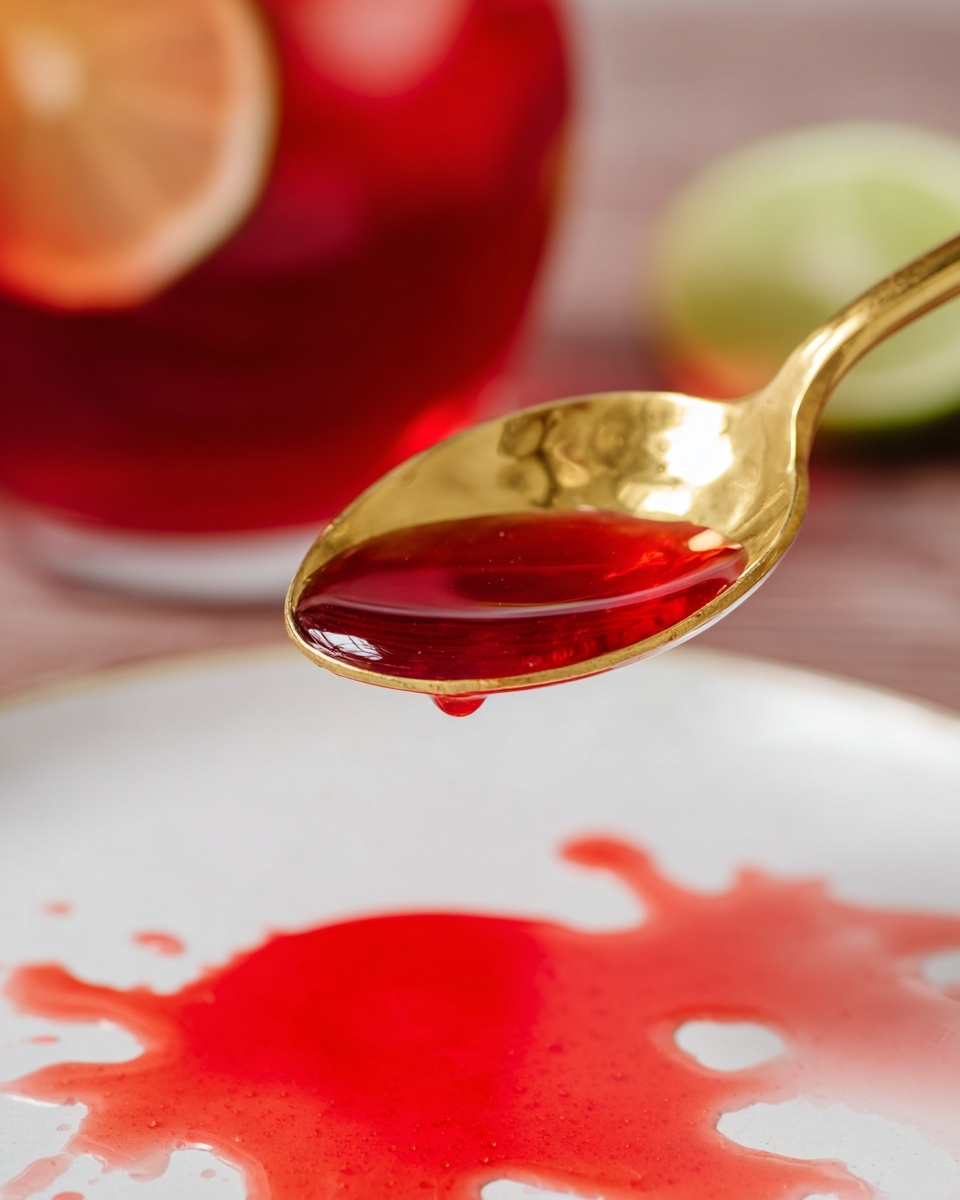 A close-up photo of a golden spoon filled with a bright red liquid held above a white plate with a splash of the same red liquid on it, all set against a white marbled background with a blurred red drink with a lime garnish visible in the back. photo taken with an iphone --ar 4:5 --v 7