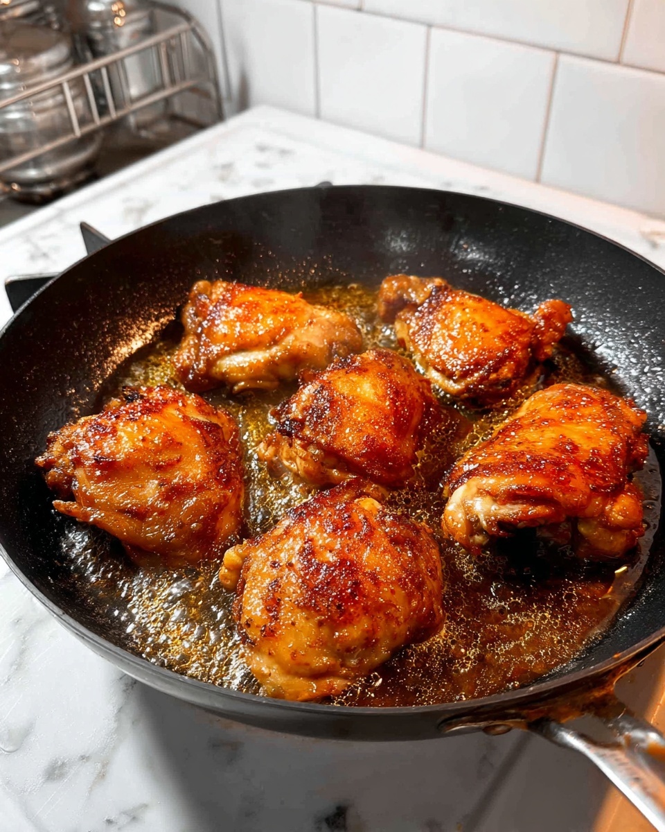 Honey Garlic Chicken Thighs Recipe 5 A close-up view of six golden-brown chicken pieces frying in a black pan filled with bubbling oil that has a rich amber color. The chicken pieces have a crispy, textured skin with shades varying from deep orange to light brown. The pan sits on a white stove with splashes of oil scattered on the white marbled surface around it. The background shows white tiled walls with a small part of a shiny silver rack in the corner. The overall scene captures the sizzling, hot cooking moment with steam rising slightly from the pan photo taken with an iphone --ar 4:5 --v 7